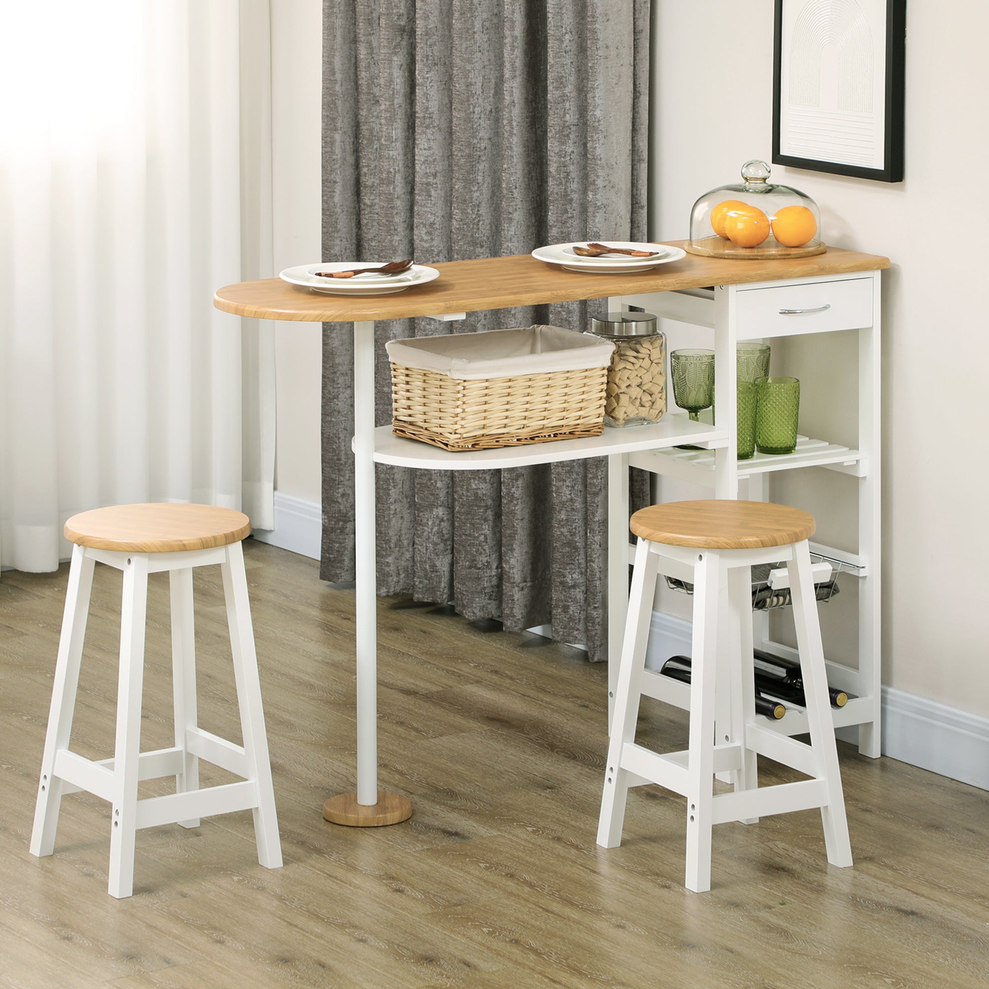 HOMCOM 3 Piece Bar Table Set, Breakfast Bar table and Stools with Storage Shelf, Drawer, Wire Basket and Wine Rack for Kitchen, Home Bar, Natural and White - North Peak Garden Furniture