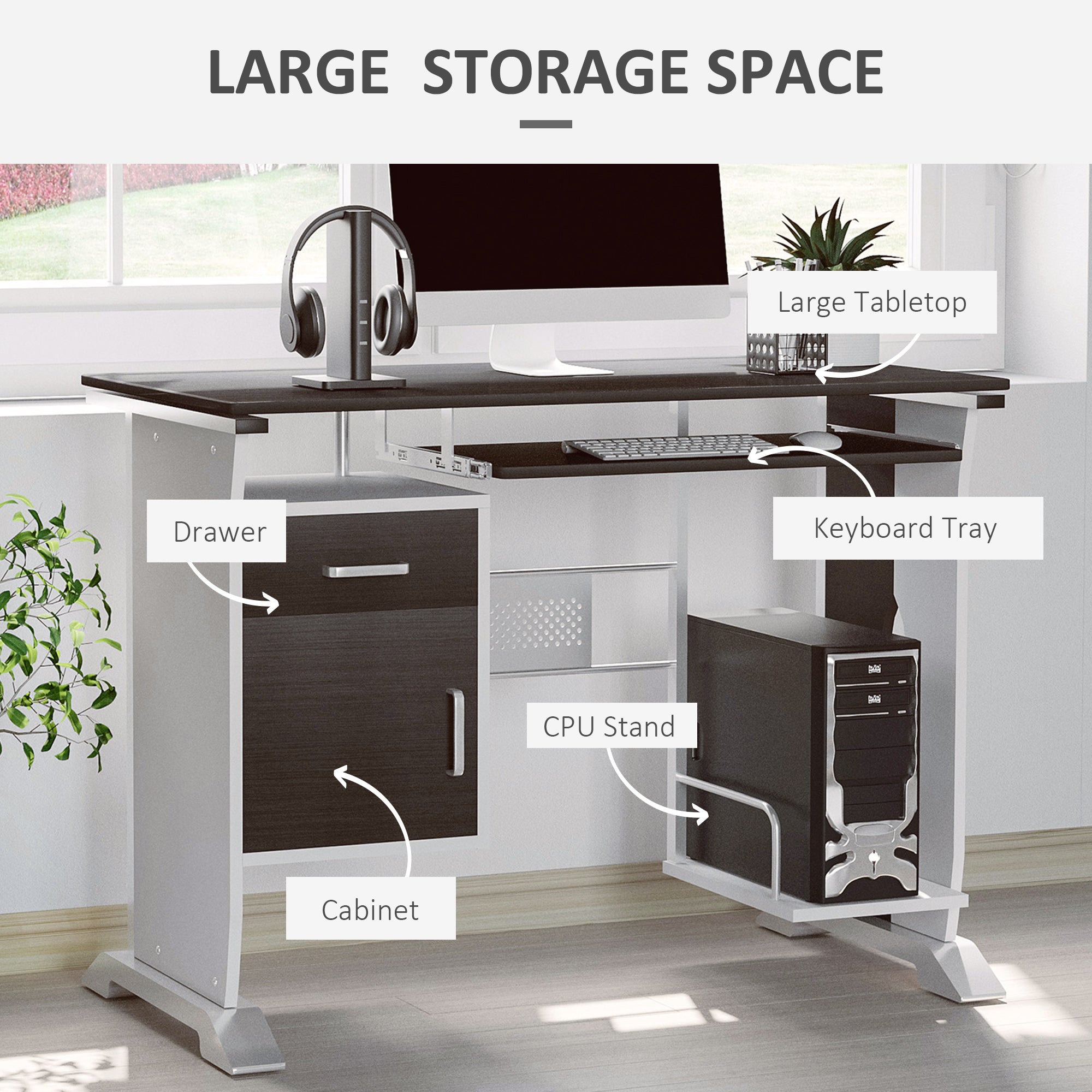 HOMCOM Computer Desk with Sliding Keyboard Tray, Storage Drawers and Host Box Shelf, Home Office Desk, Study Workstation, 100 x 52 x 75cm, Black Walnut - North Peak Garden Furniture