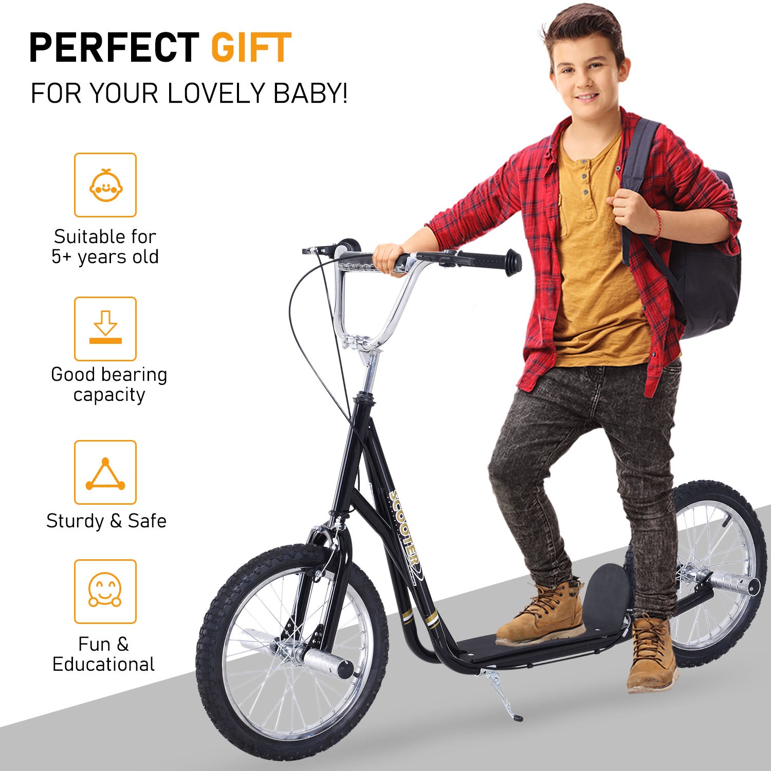 HOMCOM Teen Push Scooter Kids Children Stunt Scooter for 5+ Years with 16 Inches Wheels Adjustable Height Front Rear Dual Brakes, Black - North Peak Garden Furniture