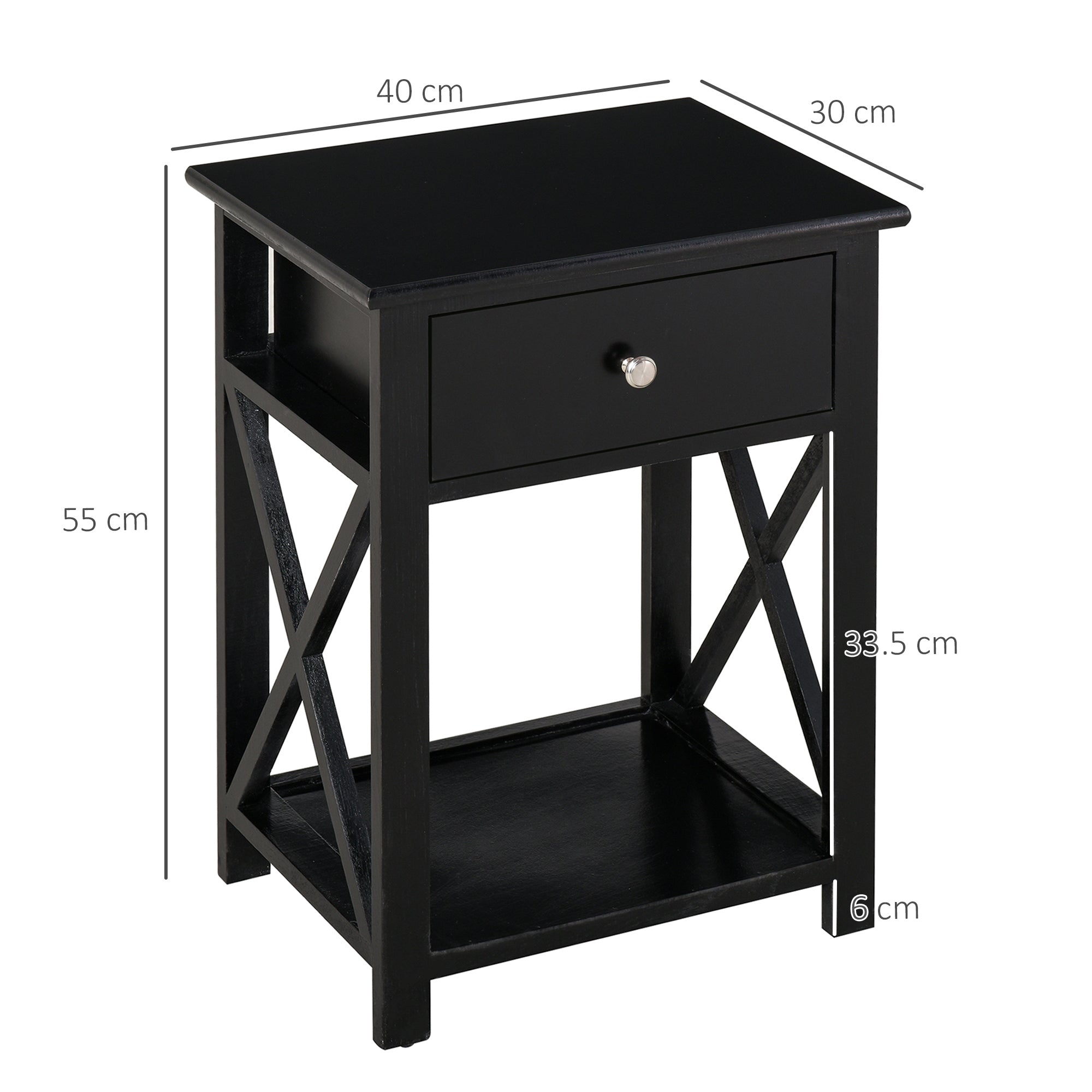HOMCOM End Table, Sofa Side Table with Drawer X Bar Bottom Storage Shelf, Nightstand Bedside Table for Bedroom or Living Room Black - North Peak Garden Furniture