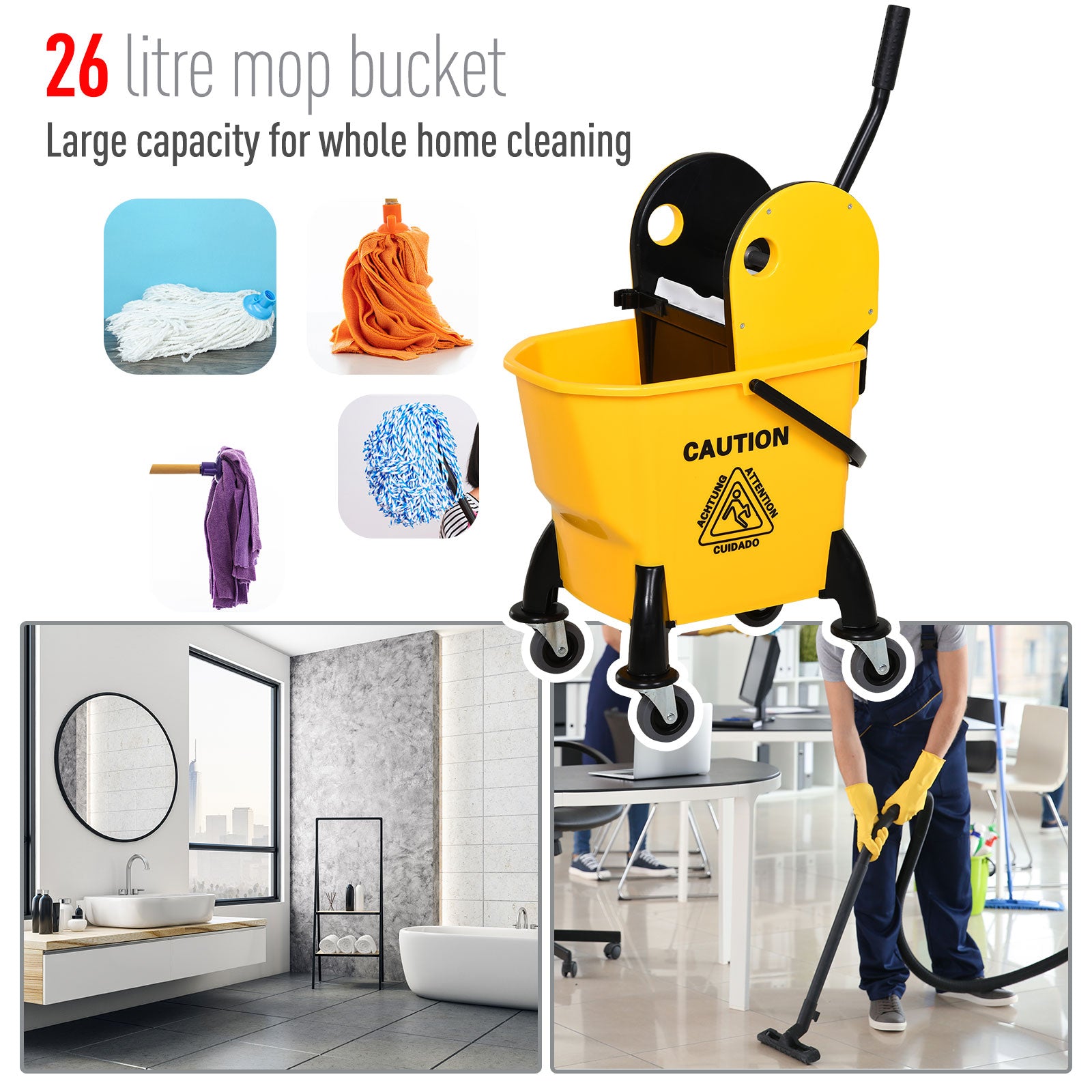 HOMCOM 26L Mop Bucket & Water Wringer w/ 4 Wheels Plastic Body Metal Handle Pole Holder Home Commercial Cleaning Floor Cart Yellow - North Peak Garden Furniture