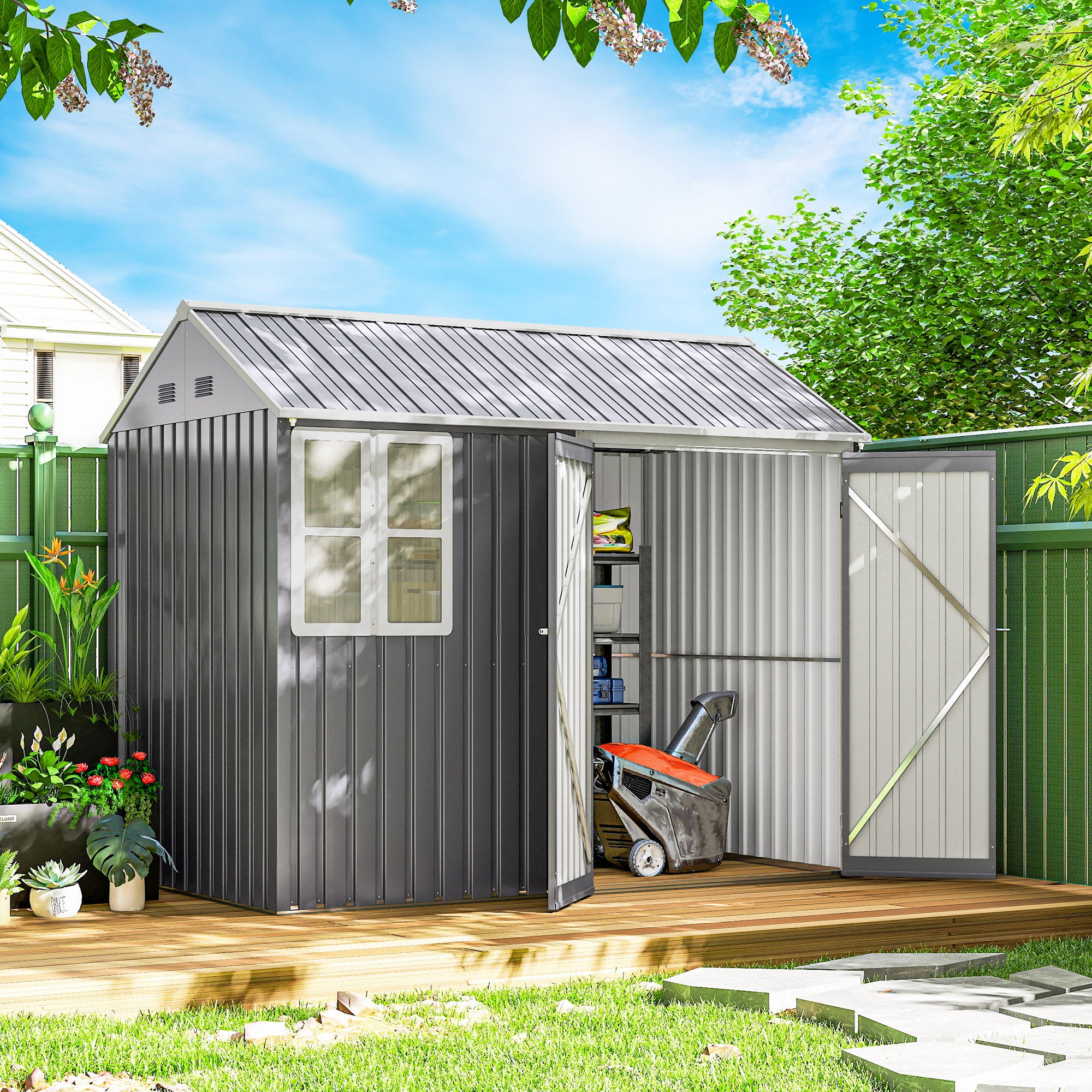 Outsunny 8 x 6 ft Galvanised Garden Shed, Outsoor Metal Storage Shed with Double Doors Window Air Vents for Patio, Lawn, Grey