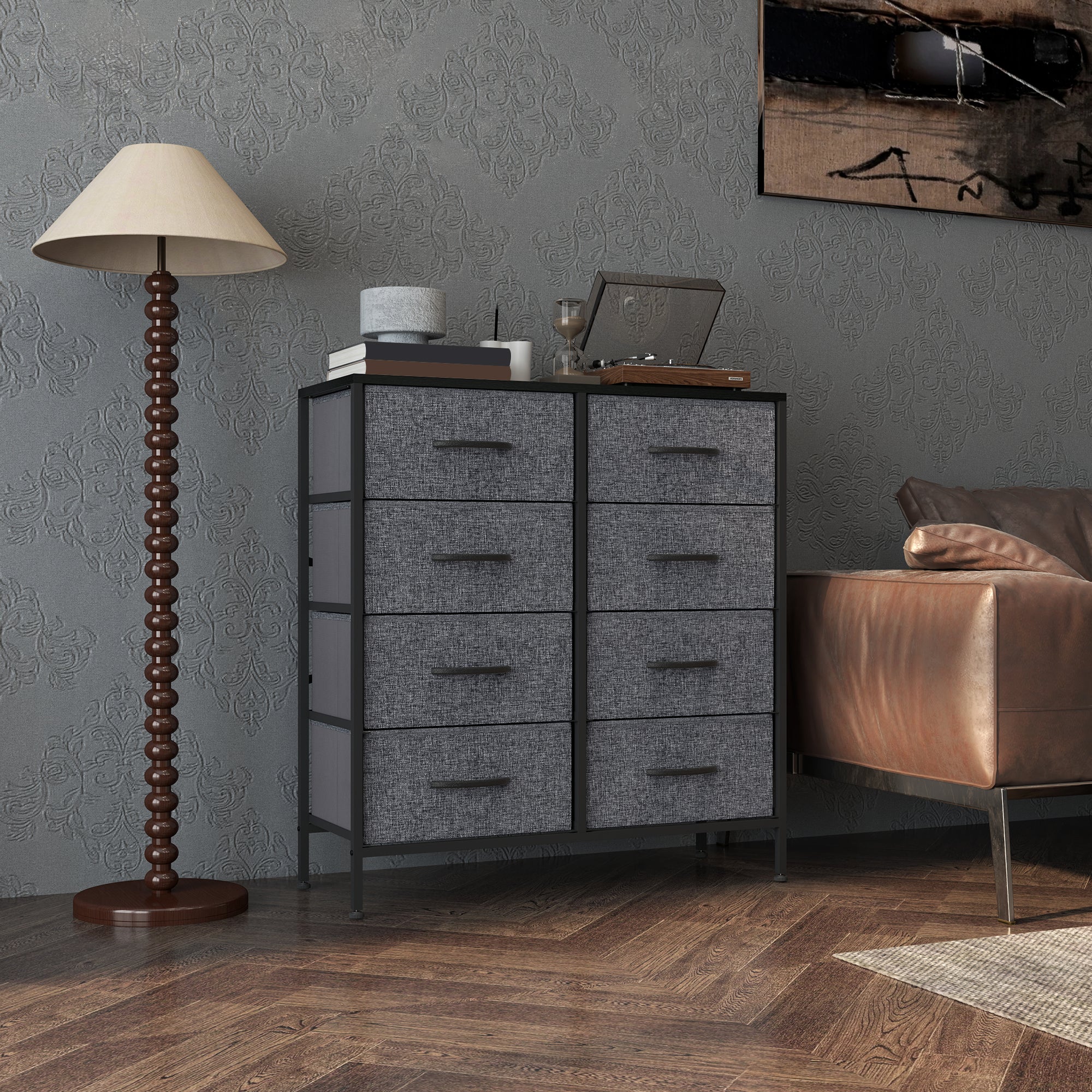 HOMCOM Fabric Chest of Drawers, Storage Drawers, Industrial Bedroom Dresser with 8 Fabric Drawers, Steel Frame and Wooden Top for Nursery, Living Room, Hallway, Black - North Peak Garden Furniture