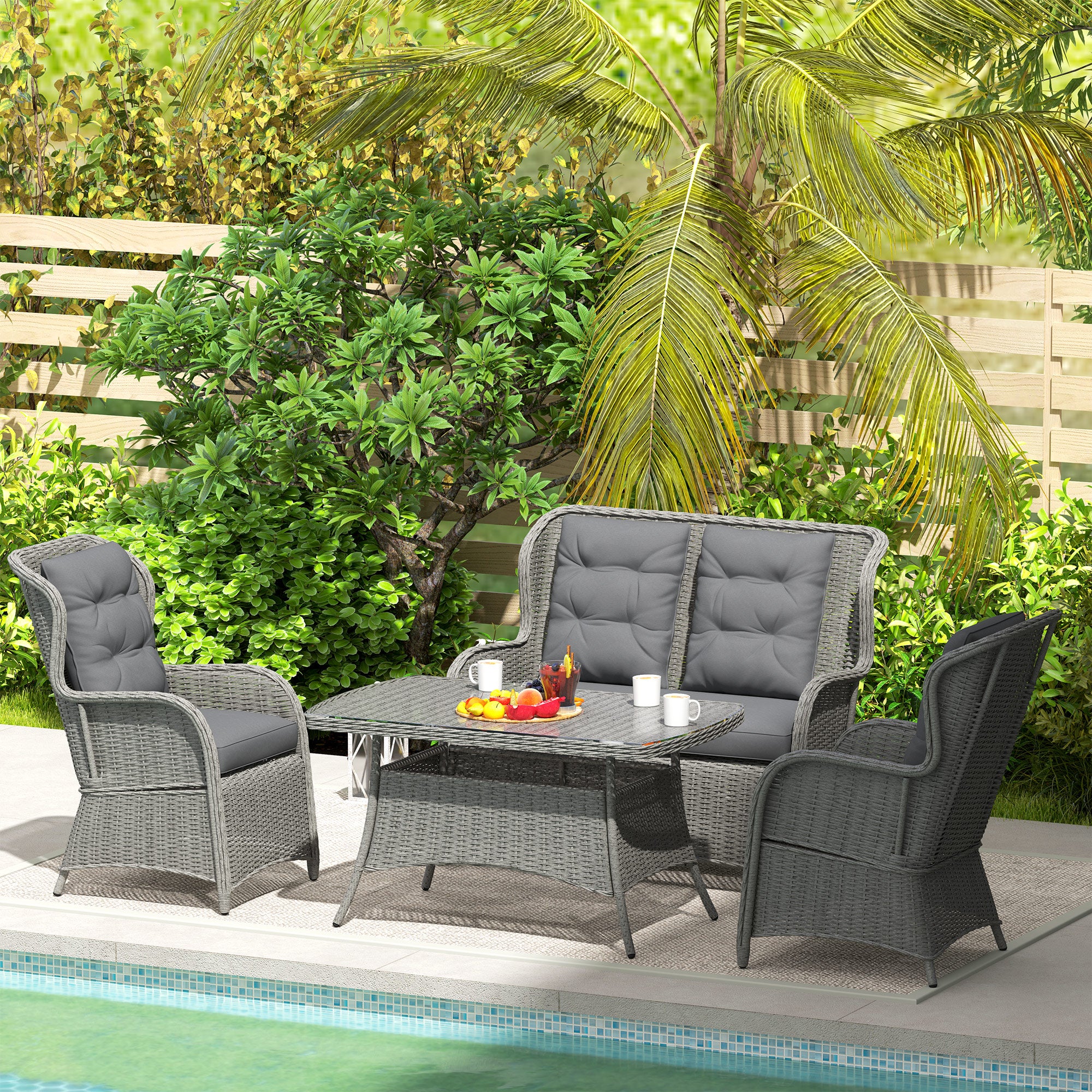 Outsunny Garden PE Rattan Dining Sofa Set, Outdoor 4 Seater Wicker Furniture, High Back Chairs with Cushions, Tempered Glass Coffee Table for Patio, Light Grey - North Peak Garden Furniture