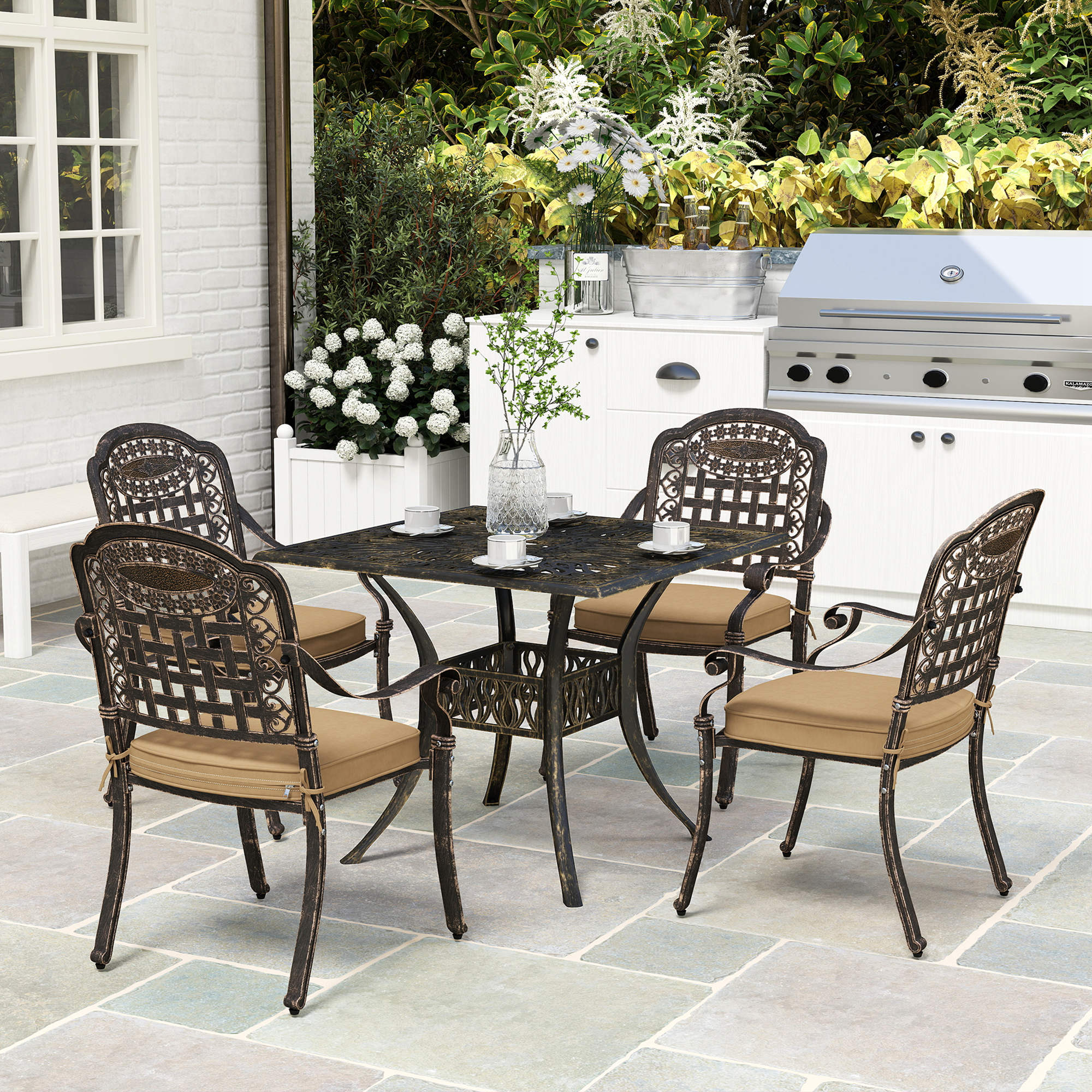 Outsunny Five-Piece Cast Aluminium Garden Dining Set - Bronze Tone - North Peak Garden Furniture