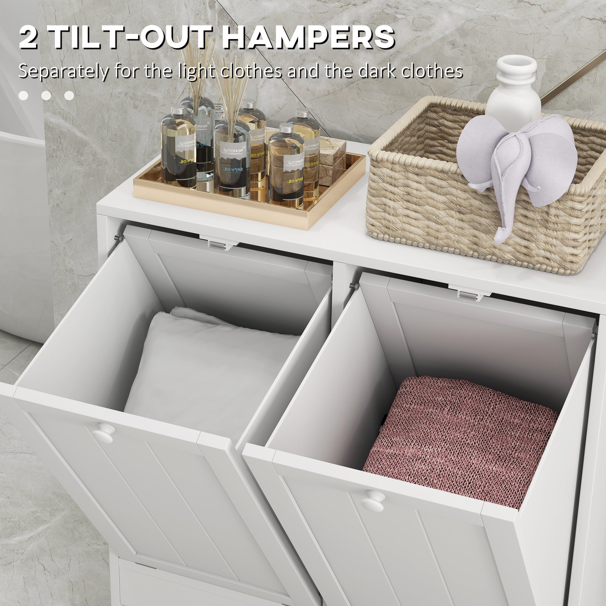 kleankin Double Hamper Laundry Storage Cabinet - White - North Peak Garden Furniture