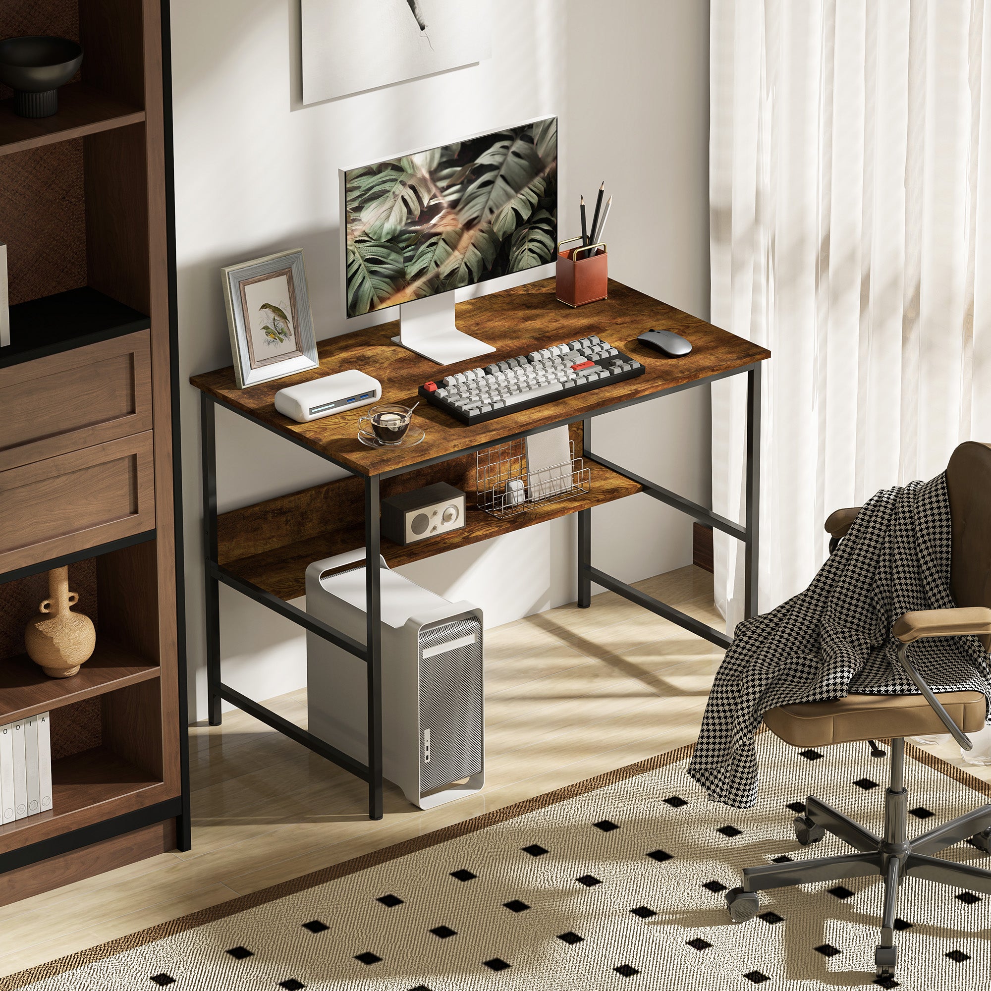 HOMCOM 2-Tier Computer Desk, 100 x 60 cm, Rustic Brown - North Peak Garden Furniture