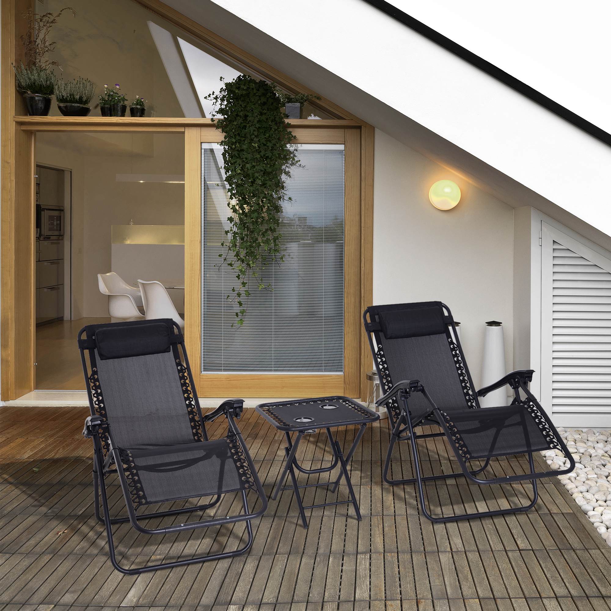 Outsunny 3pcs Folding Zero Gravity Chairs Sun Lounger Table Set w/ Cup Holders Reclining Garden Yard Pool, Black - North Peak Garden Furniture