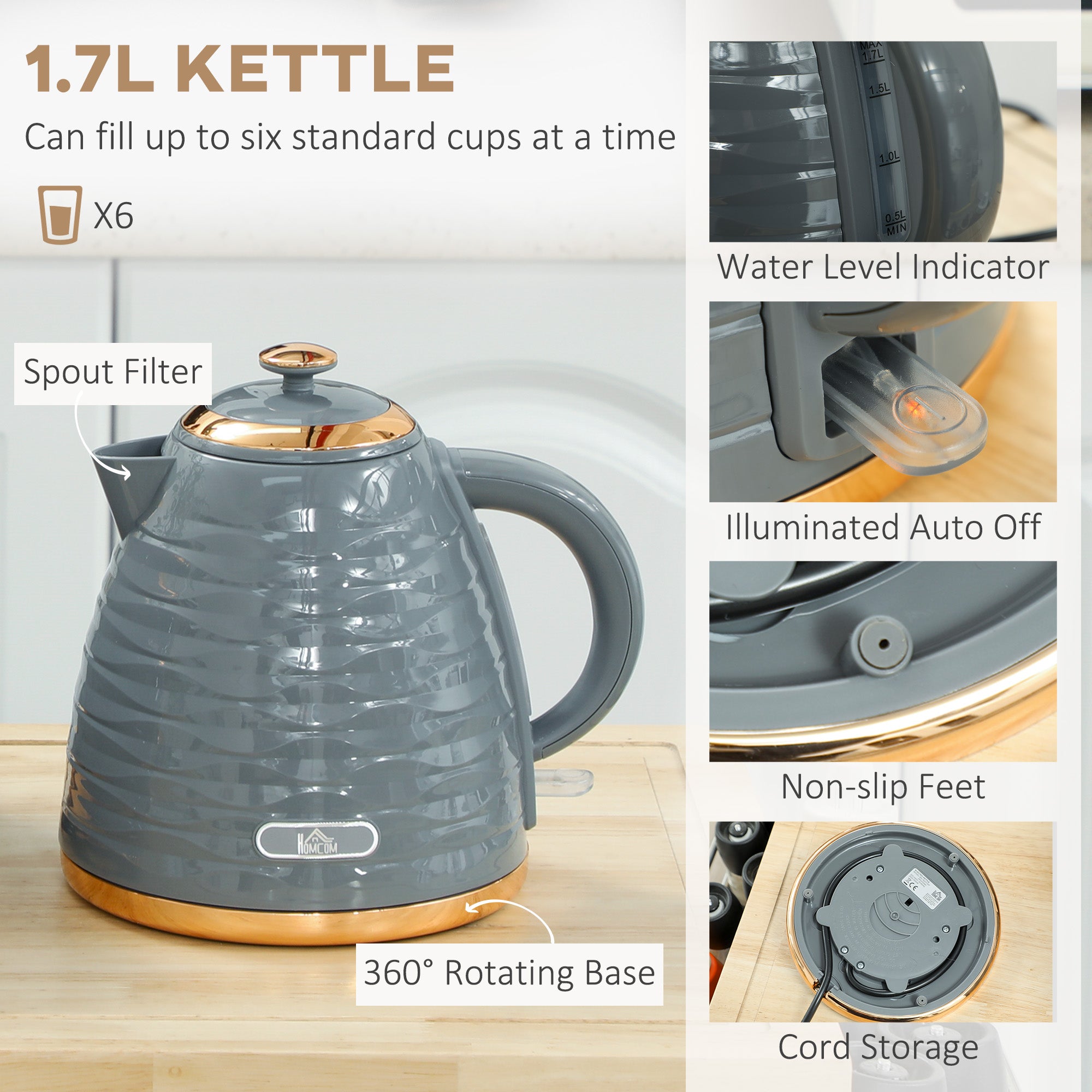 HOMCOM 3000W 1.7L Rapid Boil Kettle & 2 Slice Toaster, Kettle and Toaster Set with 7 Browning Controls and Crumb Tray, Grey - North Peak Garden Furniture