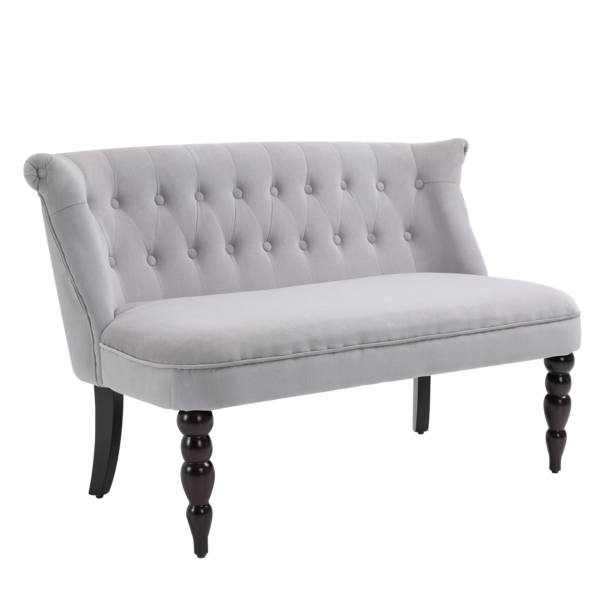 HOMCOM Loveseat with Wood Frame, Compact 2 Seater Sofa, Button Tufted Chaise Lounger with Carved Legs, Vintage Design for Bedroom Living room, Grey - North Peak Garden Furniture
