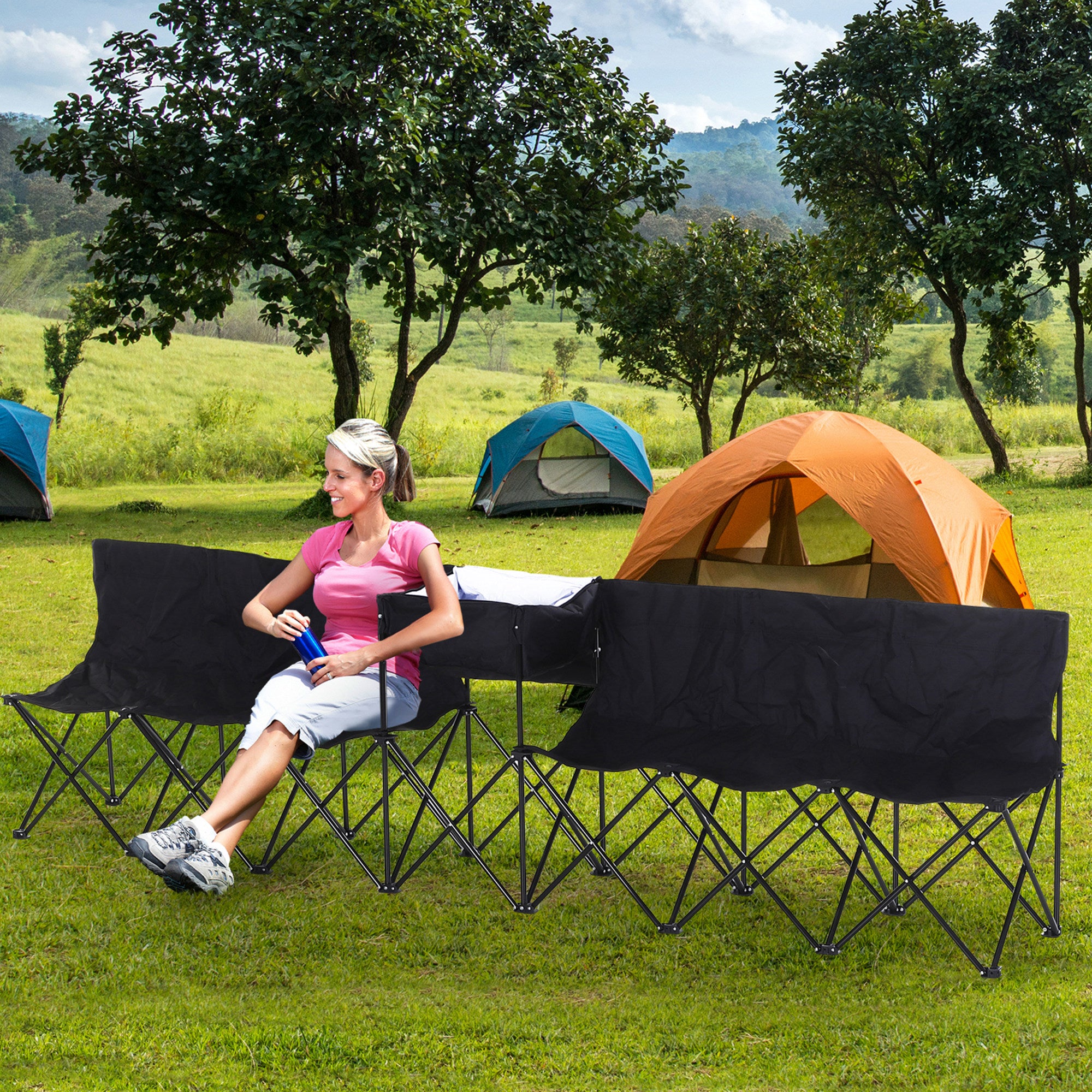 Outsunny 6 Seat Folding Sports Bench Portable Sports Team Bench Spectator Chair with Cooler Bag and Carrying Bag for Outdoor Picnic Camping - Black - North Peak Garden Furniture