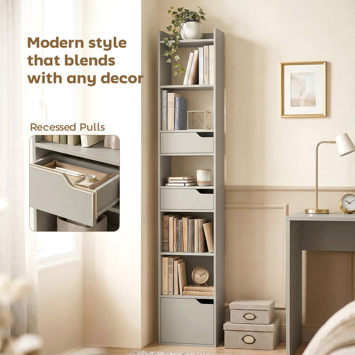 HOMCOM Bookcase Tall Narrow with 5 Tiers and Drawers Freestanding Bookshelf Storage Cabinet for Living Room Grey
