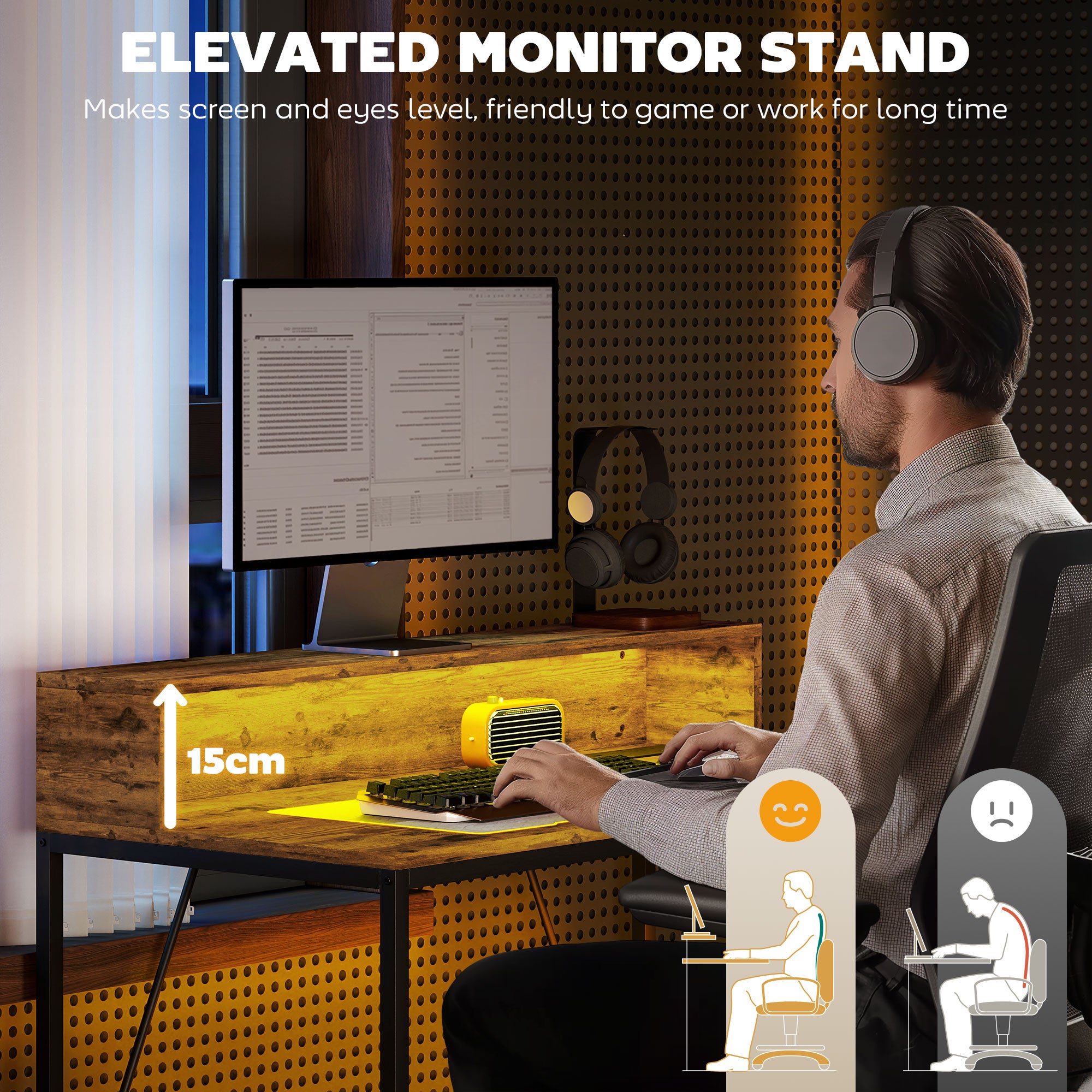 HOMCOM Computer Desk with LED Lights and Power Outlets, Gaming Desk with Monitor Stand, Computer Table with Remote for Home Office Study, Rustic Brown - North Peak Garden Furniture
