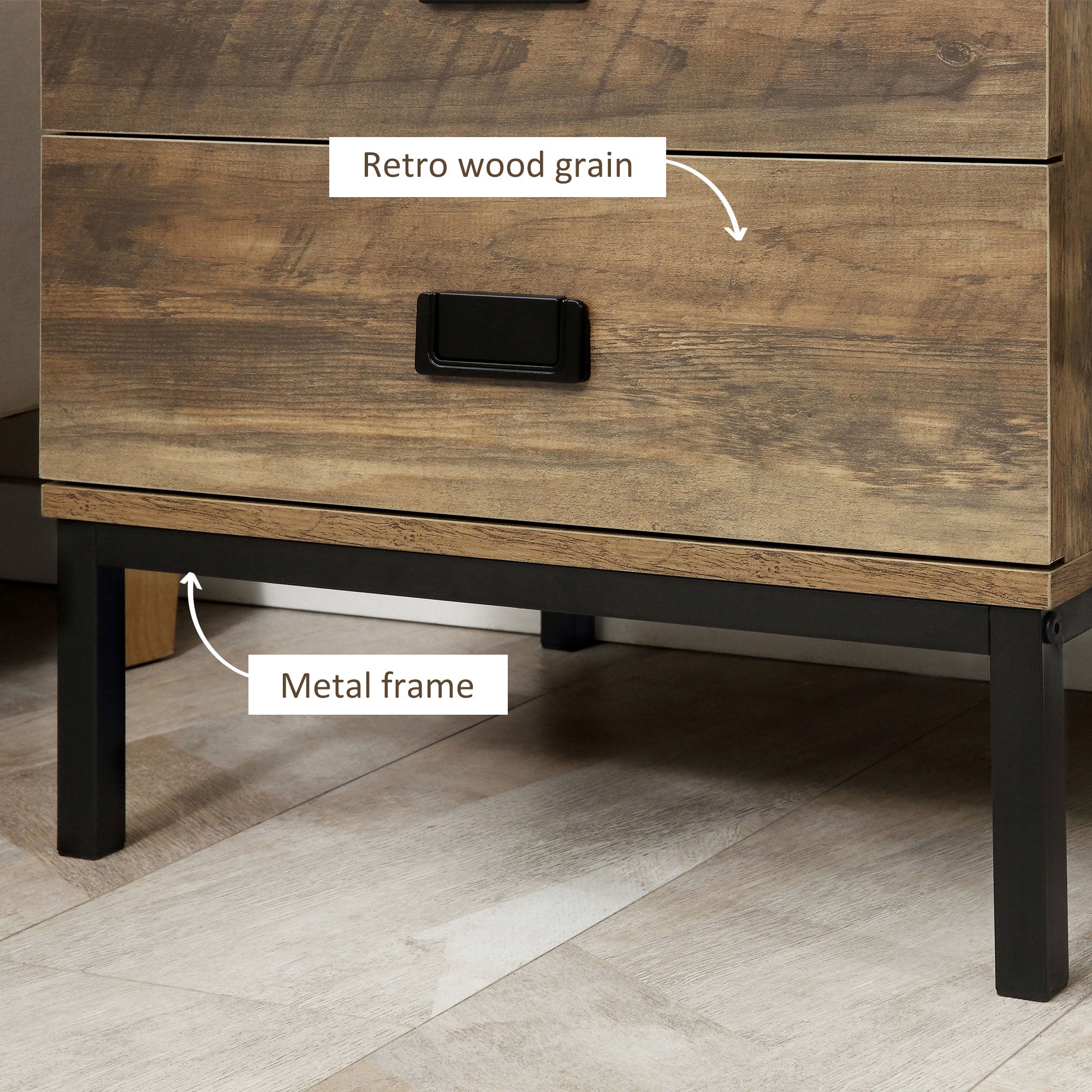HOMCOM Retro Bedside Table, End Side Table with 2 Drawers, Metal Frame for Bedroom, Living Room, Set of 2, Coffee - North Peak Garden Furniture