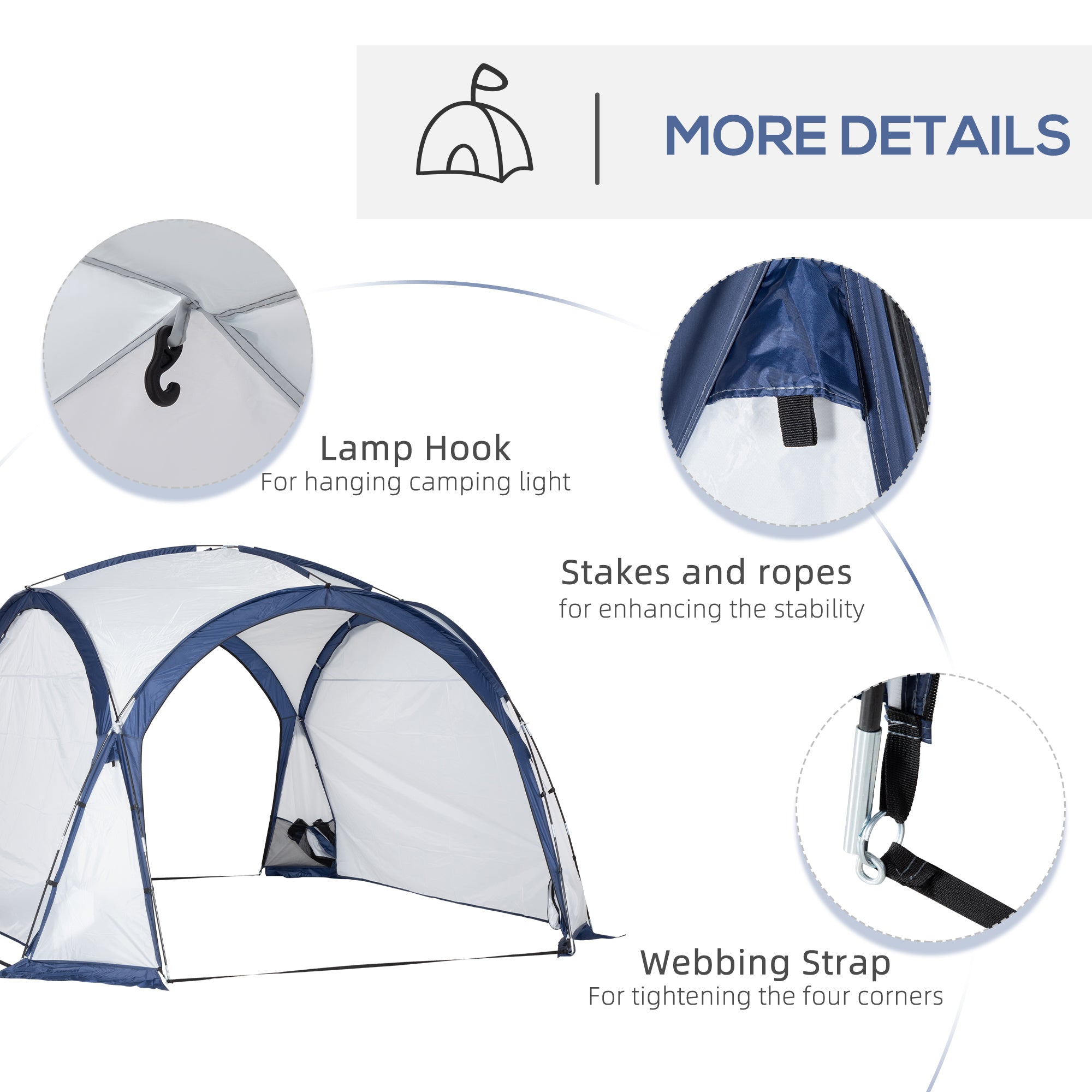Outsunny Dome Tent for 6-8 Person, Camping Tent with 4 Zipped Mesh Doors, Removable Oxford Cloth, Lamp Hook, Portable Carry Bag, White and Blue - North Peak Garden Furniture