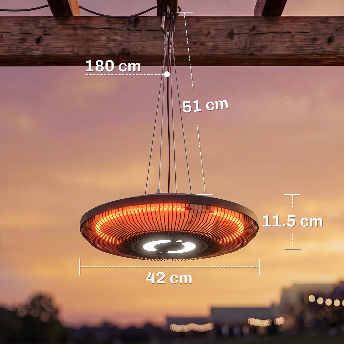 Outsunny Hanging Electric Patio Heater with LED Light, 1000/2000 W IP65 Outdoor Infrared Heater with Touch/Remote Control, Black