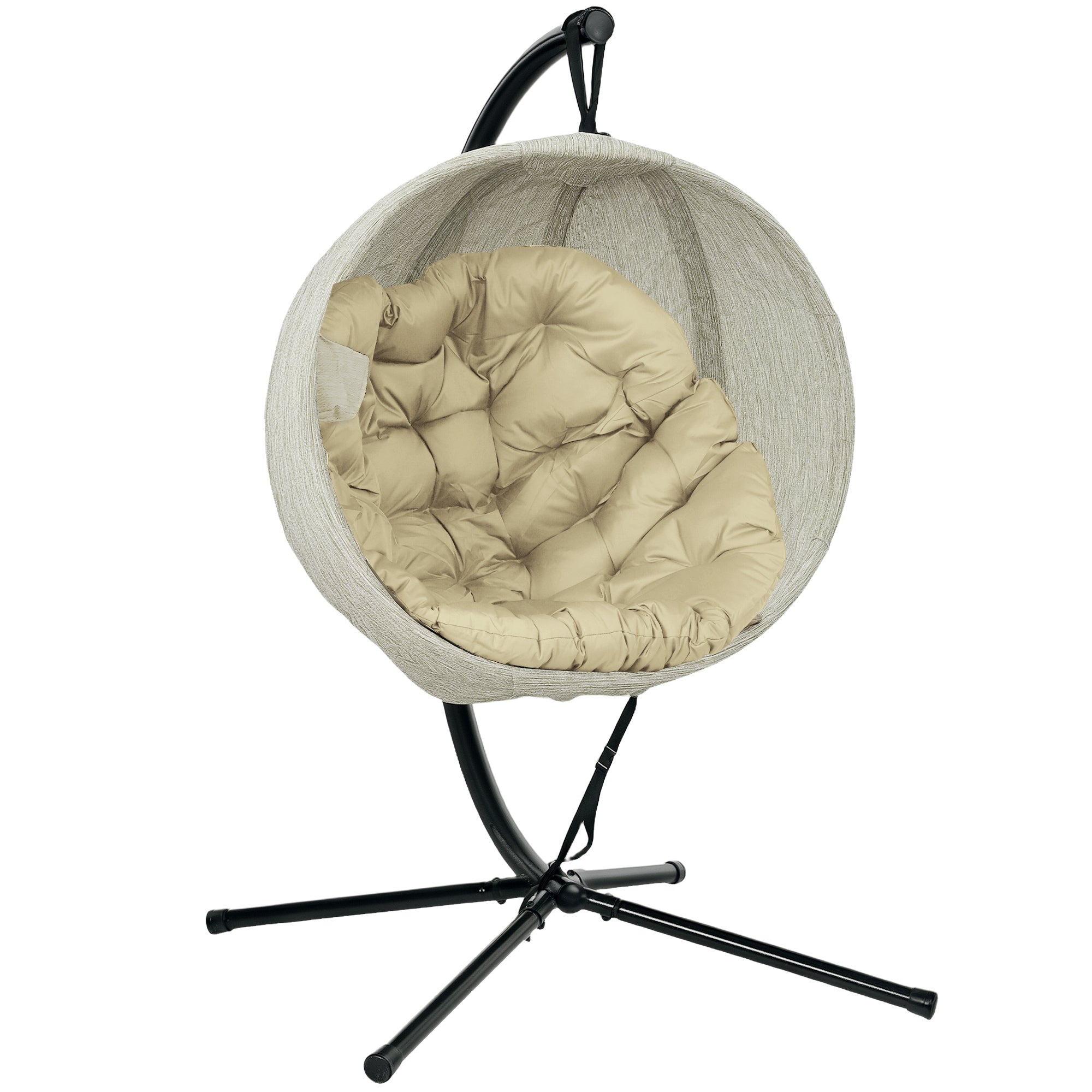 Outsunny Hanging Egg Chair Outdoor Indoor Garden Swing Chair with Folding Basket, Garden Hanging Chair with Stand, Thickened Cushion, Cup Holder for Patio, Balcony, Khaki - North Peak Garden Furniture