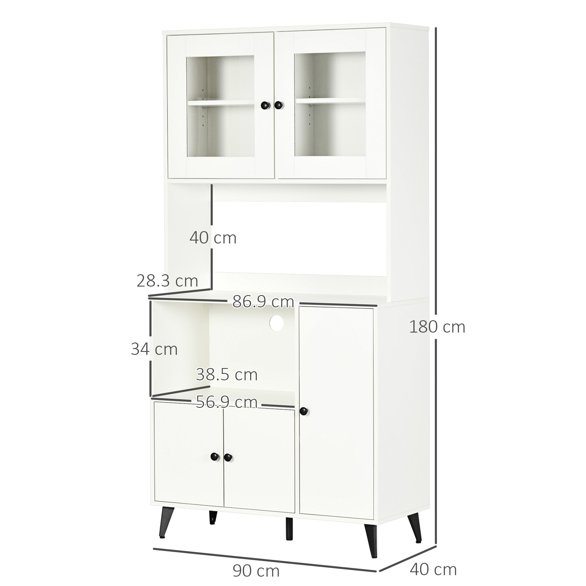 HOMCOM Freestanding Kitchen Cupboard, Modern Kitchen Storage Cabinet with Doors and Adjustable Shelves, 180cm, White - North Peak Garden Furniture