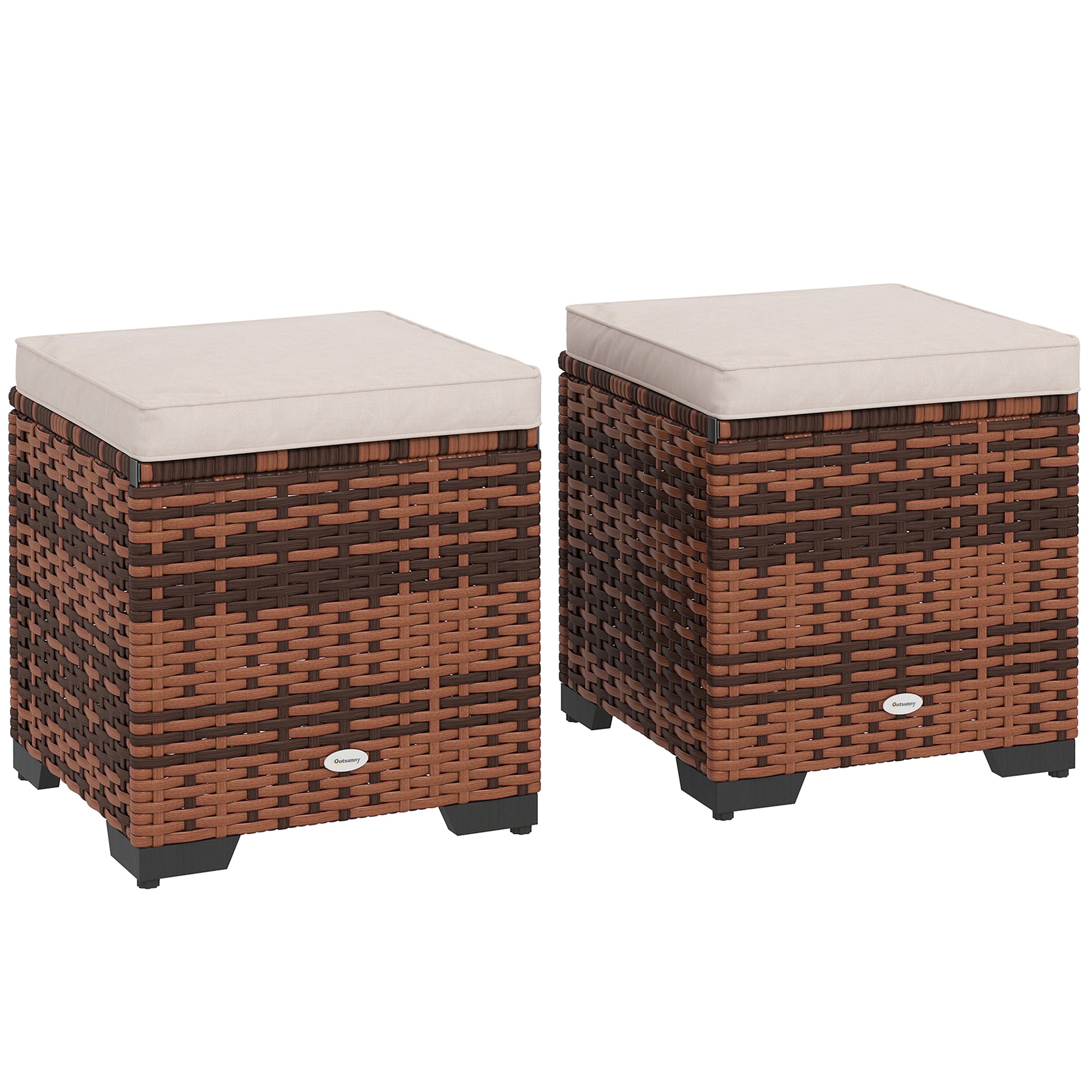 Outsunny Set of 2 Rattan Storage Ottoman, Outdoor Footstool with Removable Cushions, Garden Storage Seat for Balcony, Poolside, Living Room, Beige - North Peak Garden Furniture