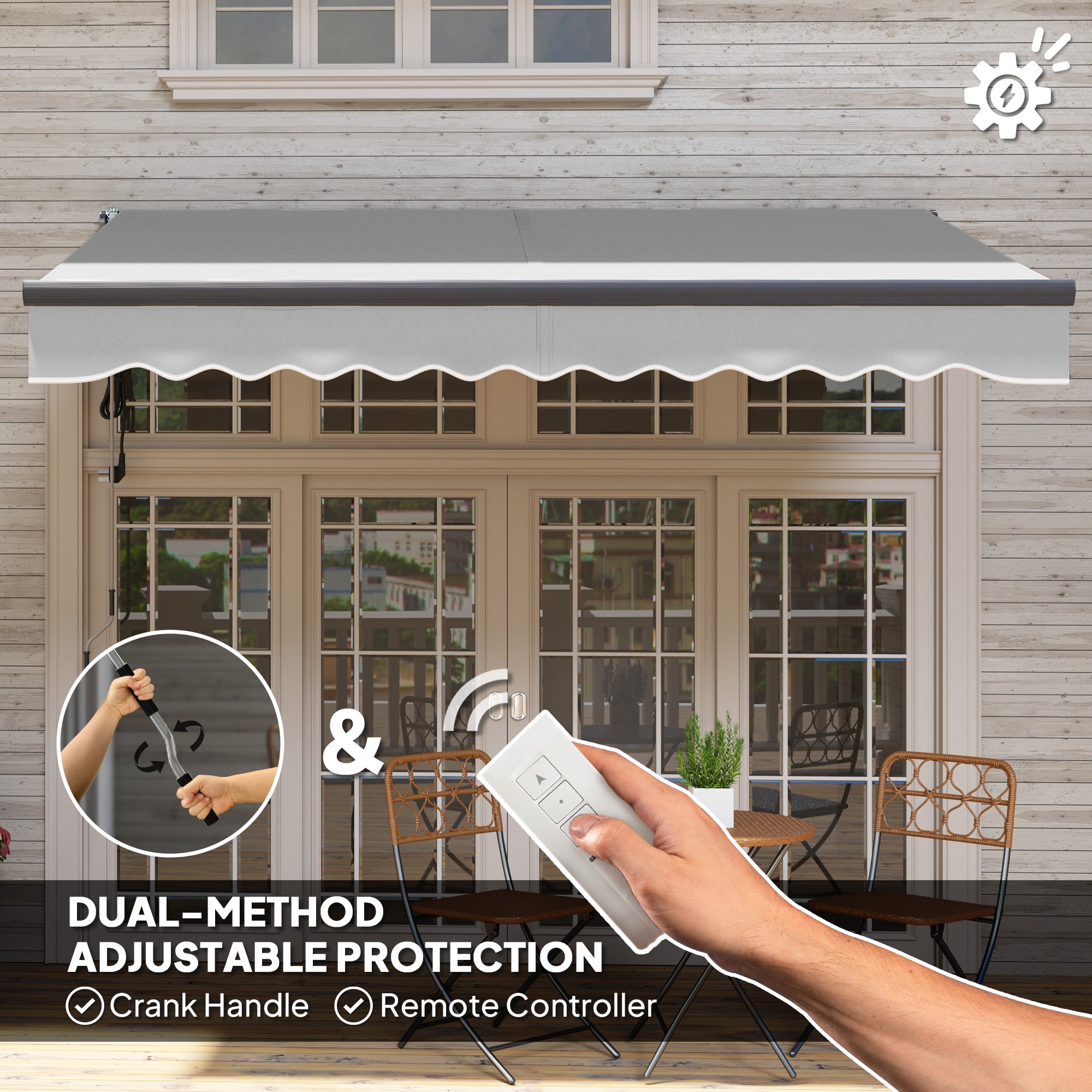 Outsunny 3 x 2.5m Electric Awning with Remote Controller, Aluminium Frame DIY Retractable Awning, UV30+ Sun Shade Canopy for Garden Patio Deck Door Window, Light Grey - North Peak Garden Furniture