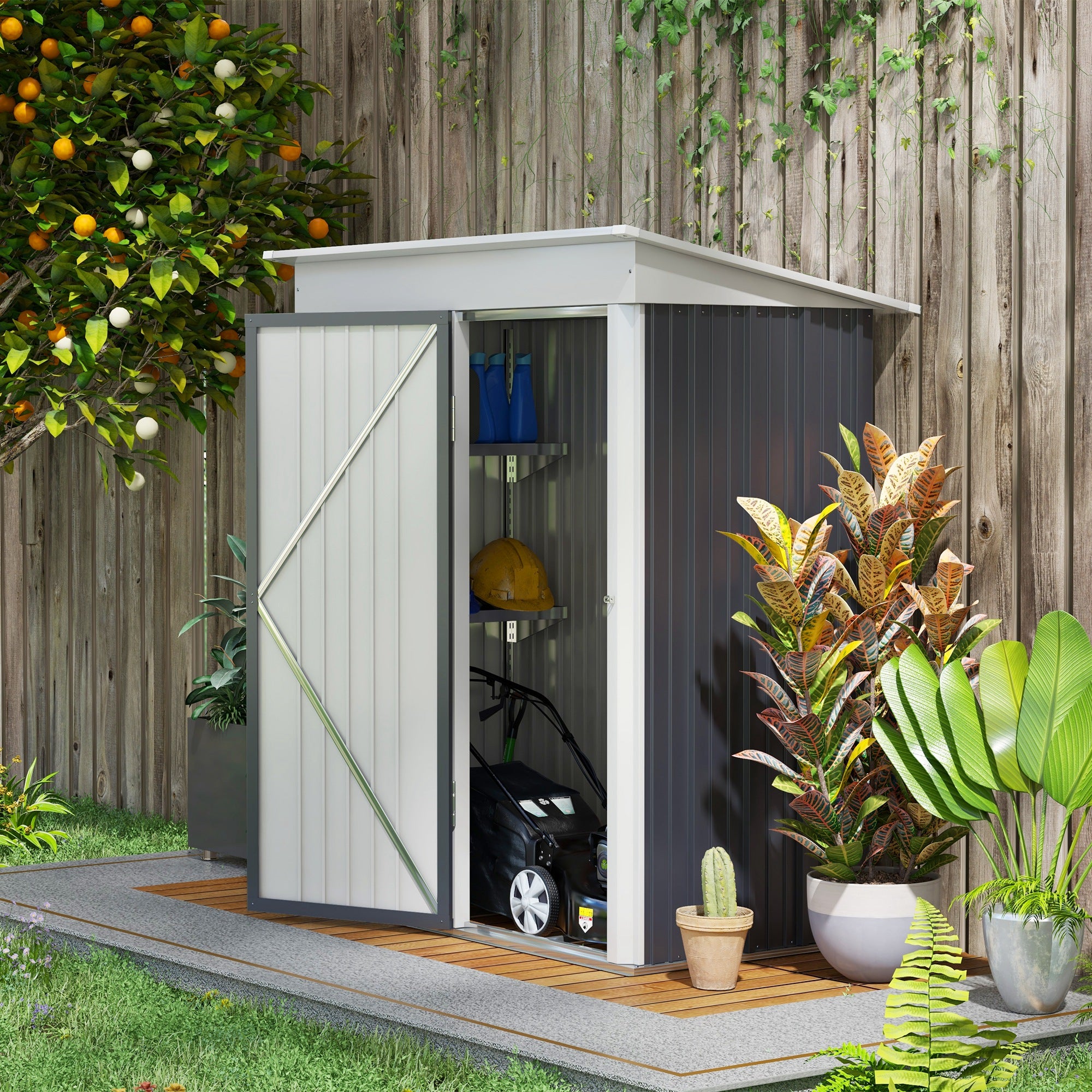 Outsunny Metal Garden Shed, Outdoor Lean-to Shed for Tool Motor Bike, with Adjustable Shelf, Lock, Gloves, 5'x3'x6', Dark Grey - North Peak Garden Furniture