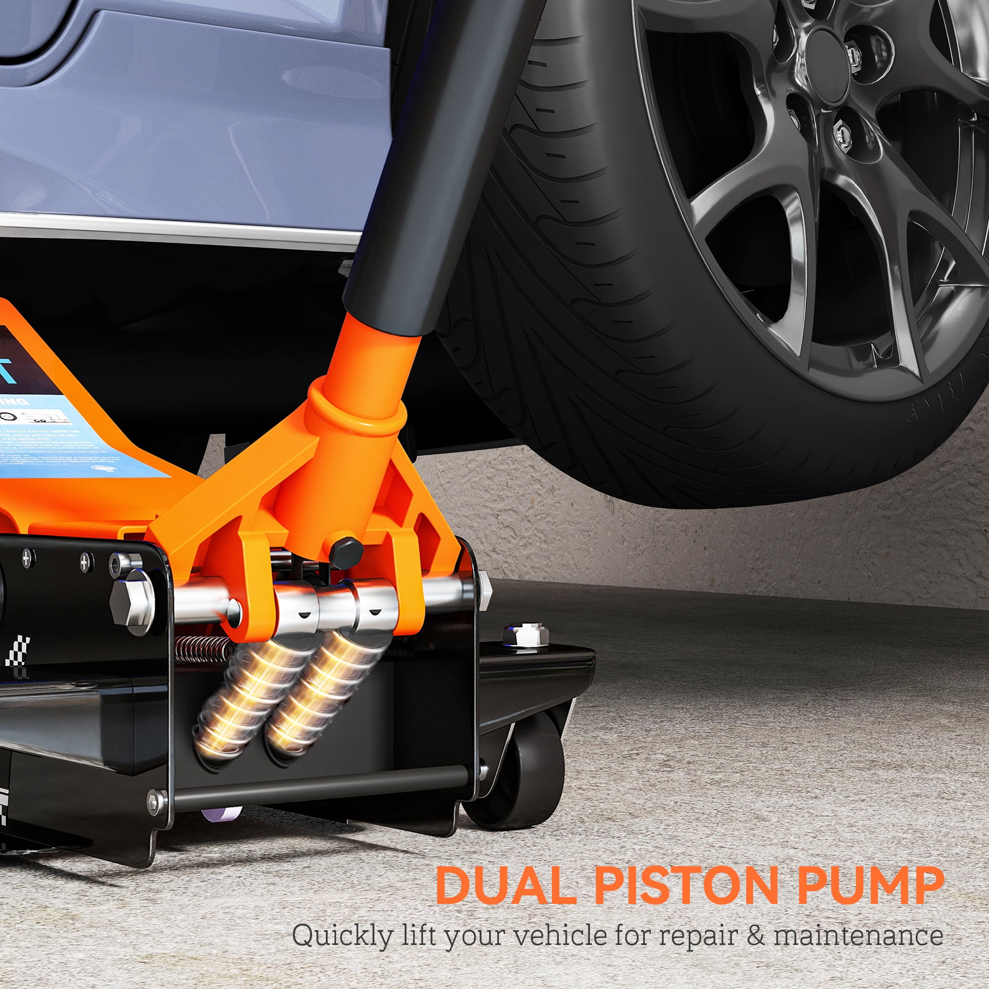 HOMCOM 2.5 Ton Hydraulic Low-Profile Floor Jack, with 7.5-47cm Lifting Range, Wheels, Orange - North Peak Garden Furniture