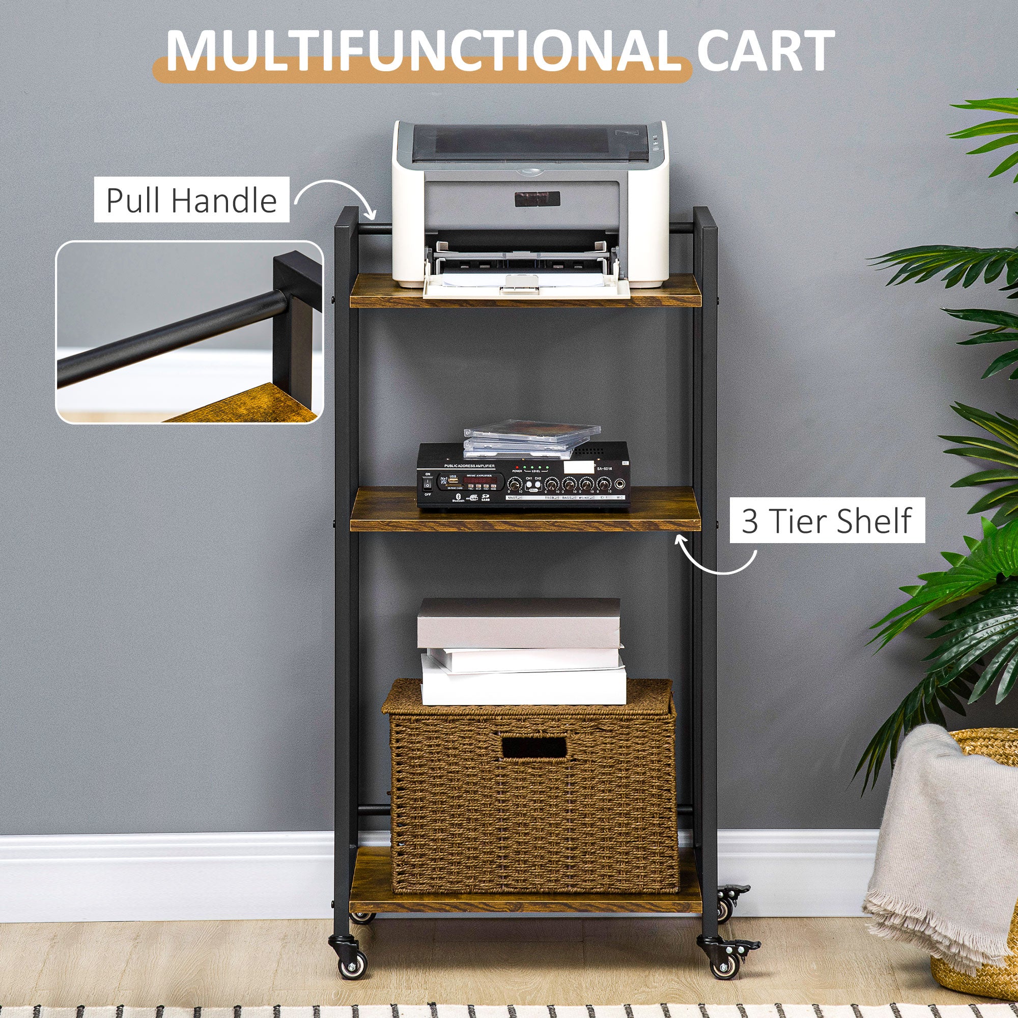 HOMCOM 3-Tier Printer Stand, Utility Cart, Rolling Trolley with Adjustable Shelves with Lockable Wheels for Home Office, Rustic Brown - North Peak Garden Furniture