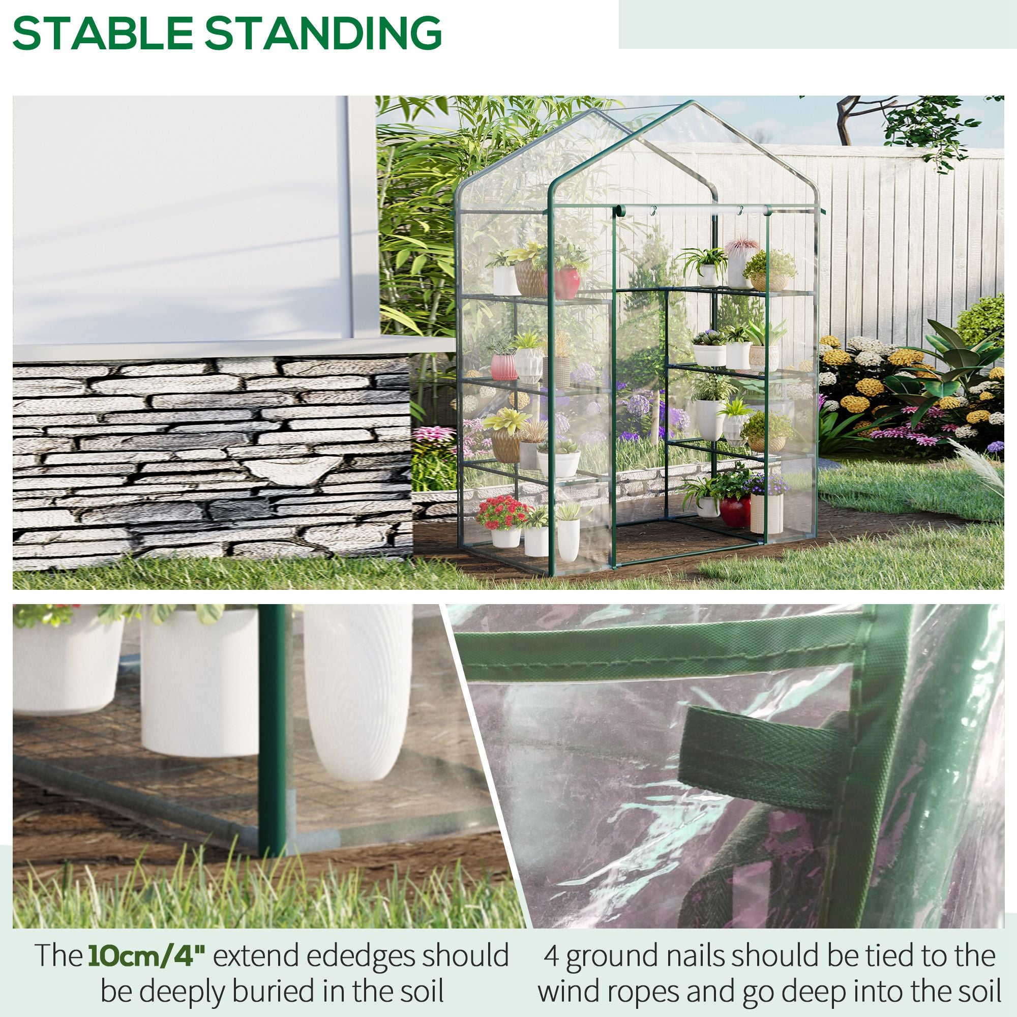 Outsunny Walk in Greenhouse with 4-Tier 8 Shelves, Green House with Hemmed Cover, Roll-up Zipped Door, Steel Frame, 143 x 73 x 195cm - North Peak Garden Furniture