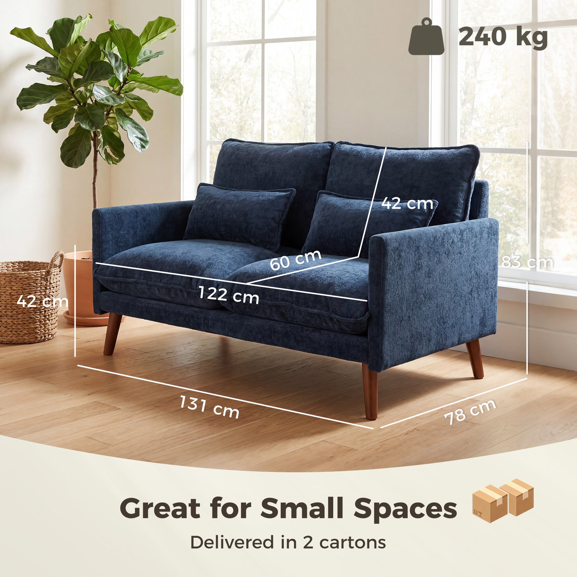HOMCOM 2 Seater Sofa, Loveseat Sofa with Spring Cushions, Wide and Deep Seat, Wood Legs, Blue