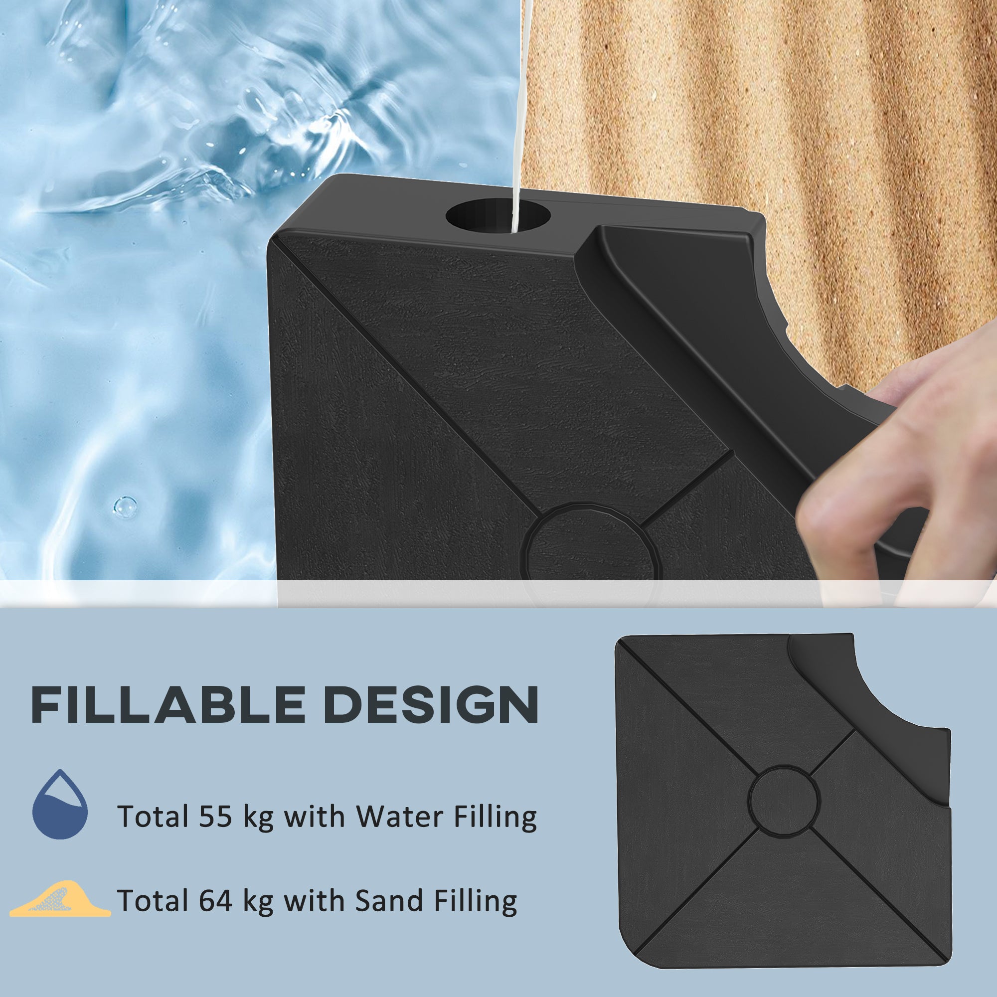 Outsunny Umbrella Weights for Cantilever Parasols, Set of 4 Heavy Duty Parasol Base Weights, 64kg Sand or 55kg Water Filled, Black - North Peak Garden Furniture