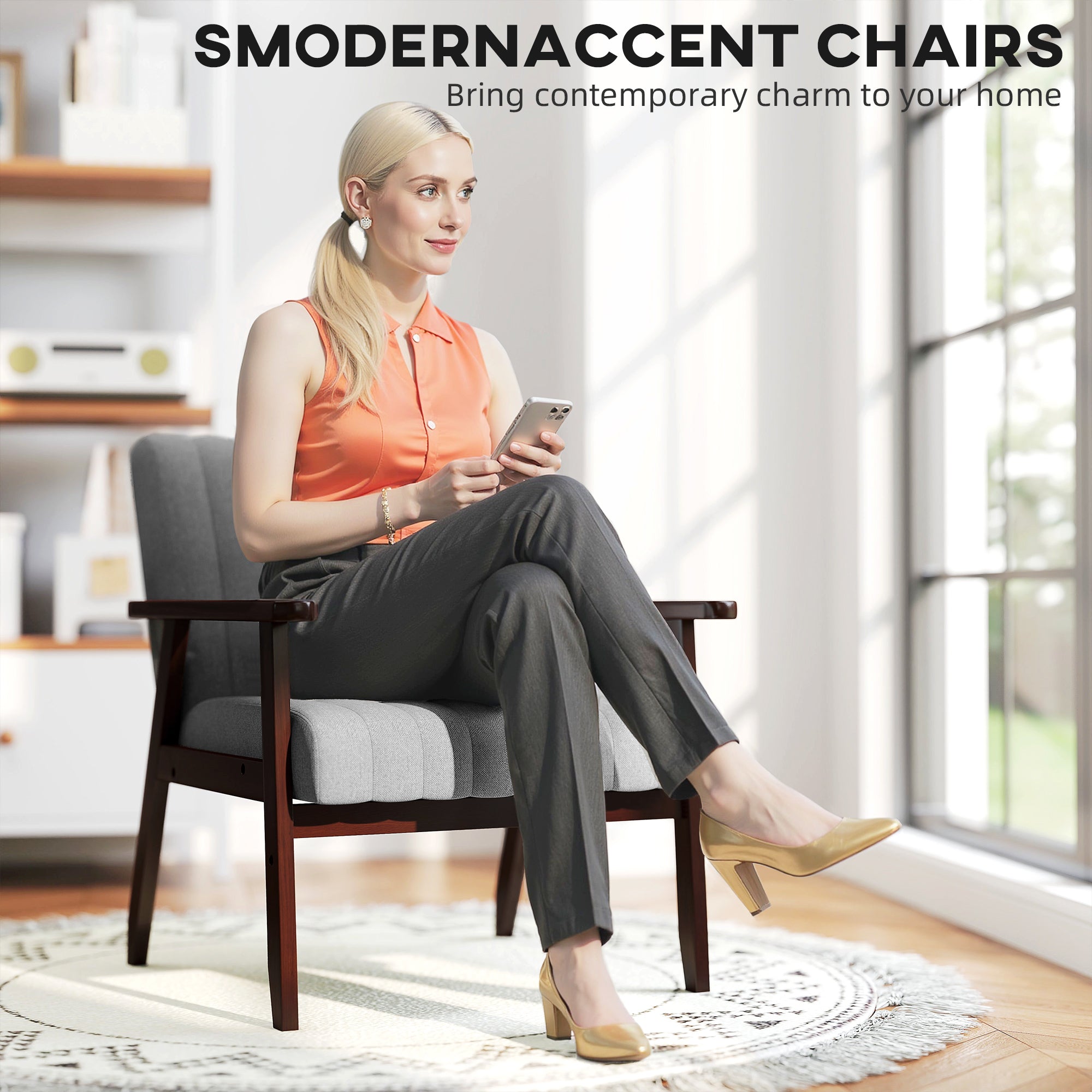 HOMCOM Mid Century Accent Chair, with Wooden Legs - Grey - North Peak Garden Furniture