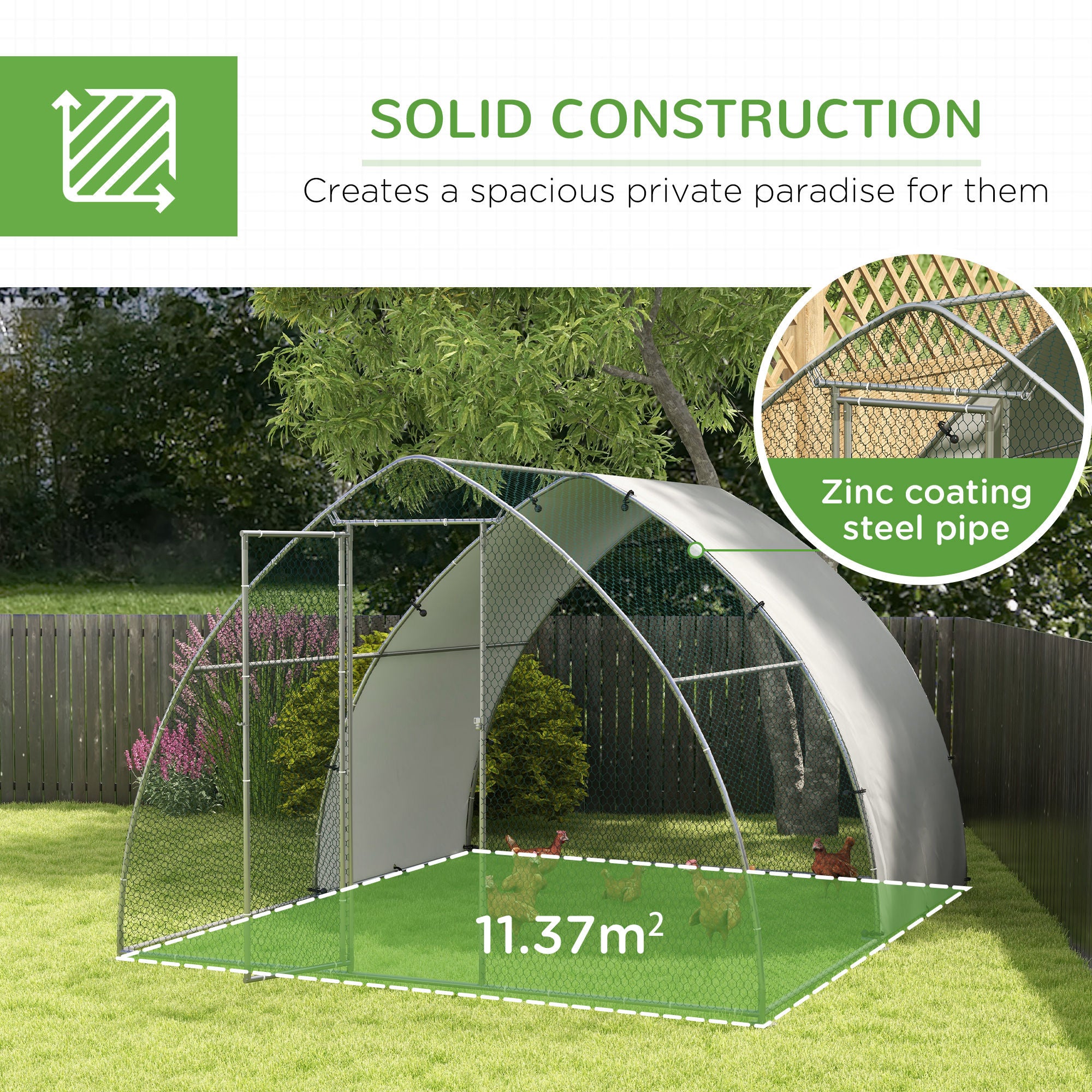 PawHut Galvanised Outdoor Chicken Coop, with Cover, for 8-12 Chickens, Hens, Ducks, Rabbits, 3 x 3.8 x 2.2m - Silver Tone - North Peak Garden Furniture