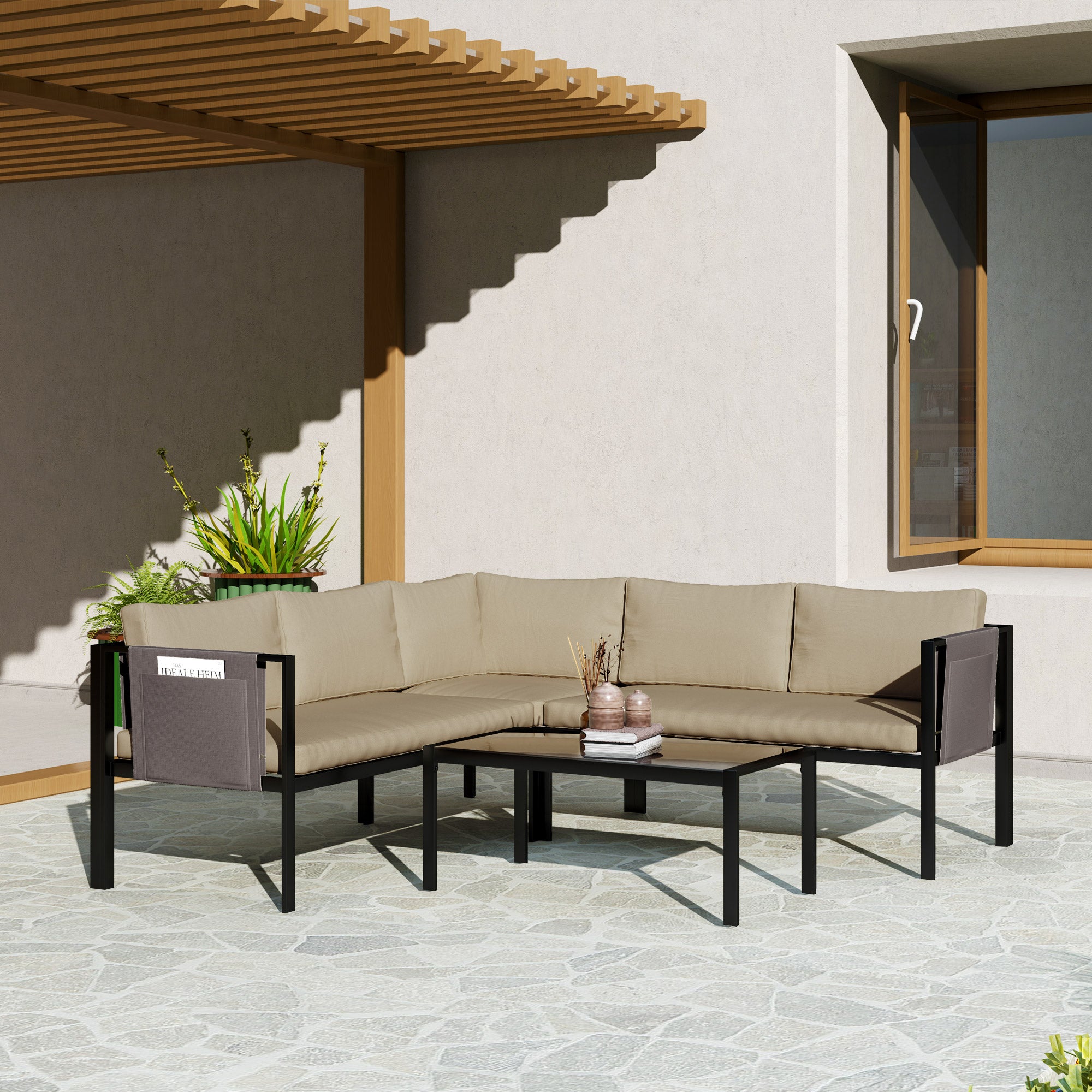 Outsunny 5 Seater Garden Corner Sofa Set, 4 Pieces Metal Garden Furniture Set with Loveseats, Glass Top Coffee Table, Breathable Mesh Pocket, Outdoor Conversation Furniture with Cushions, Khaki - North Peak Garden Furniture