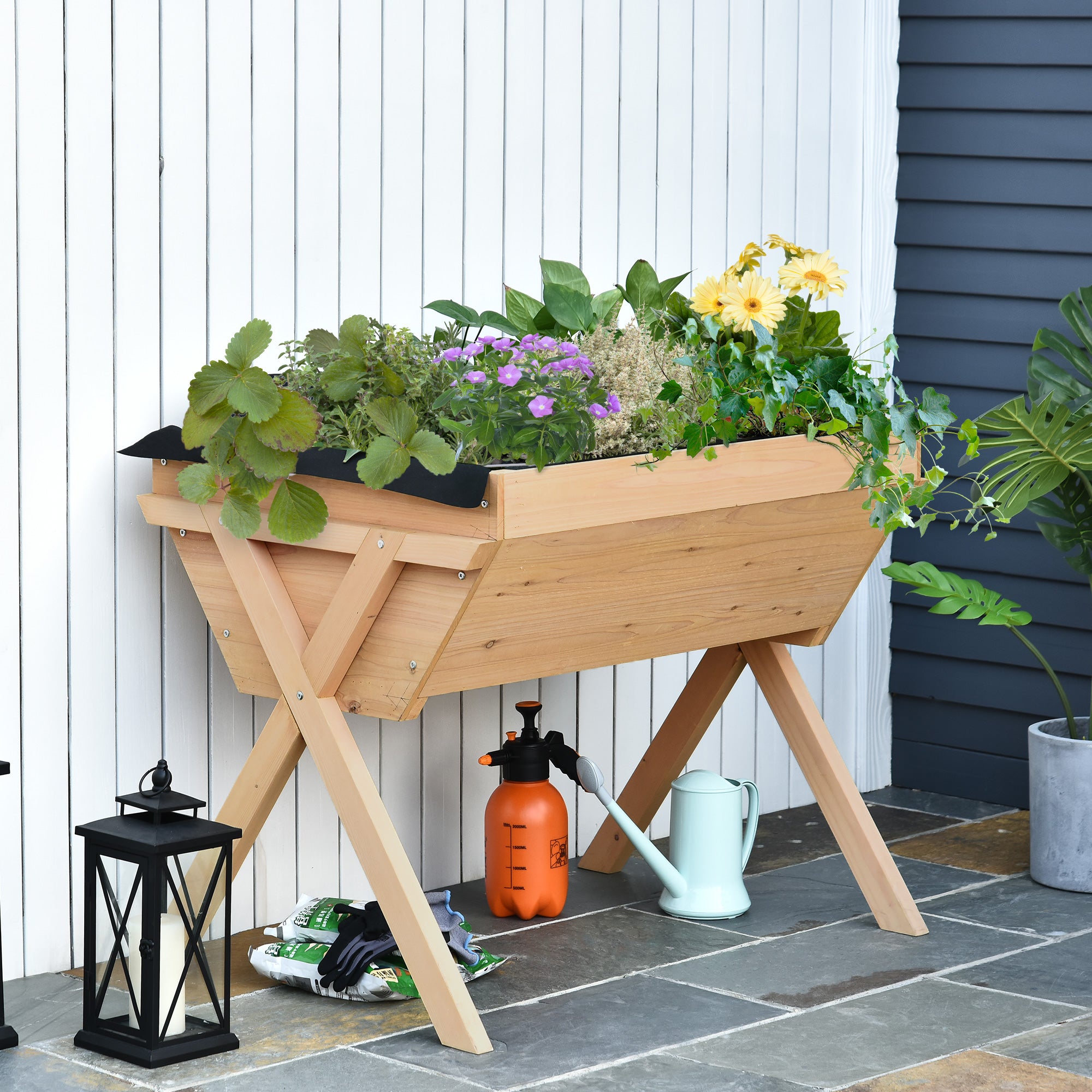 Outsunny Large Fir Wood Raised Plant Stand Oak Tone - North Peak Garden Furniture