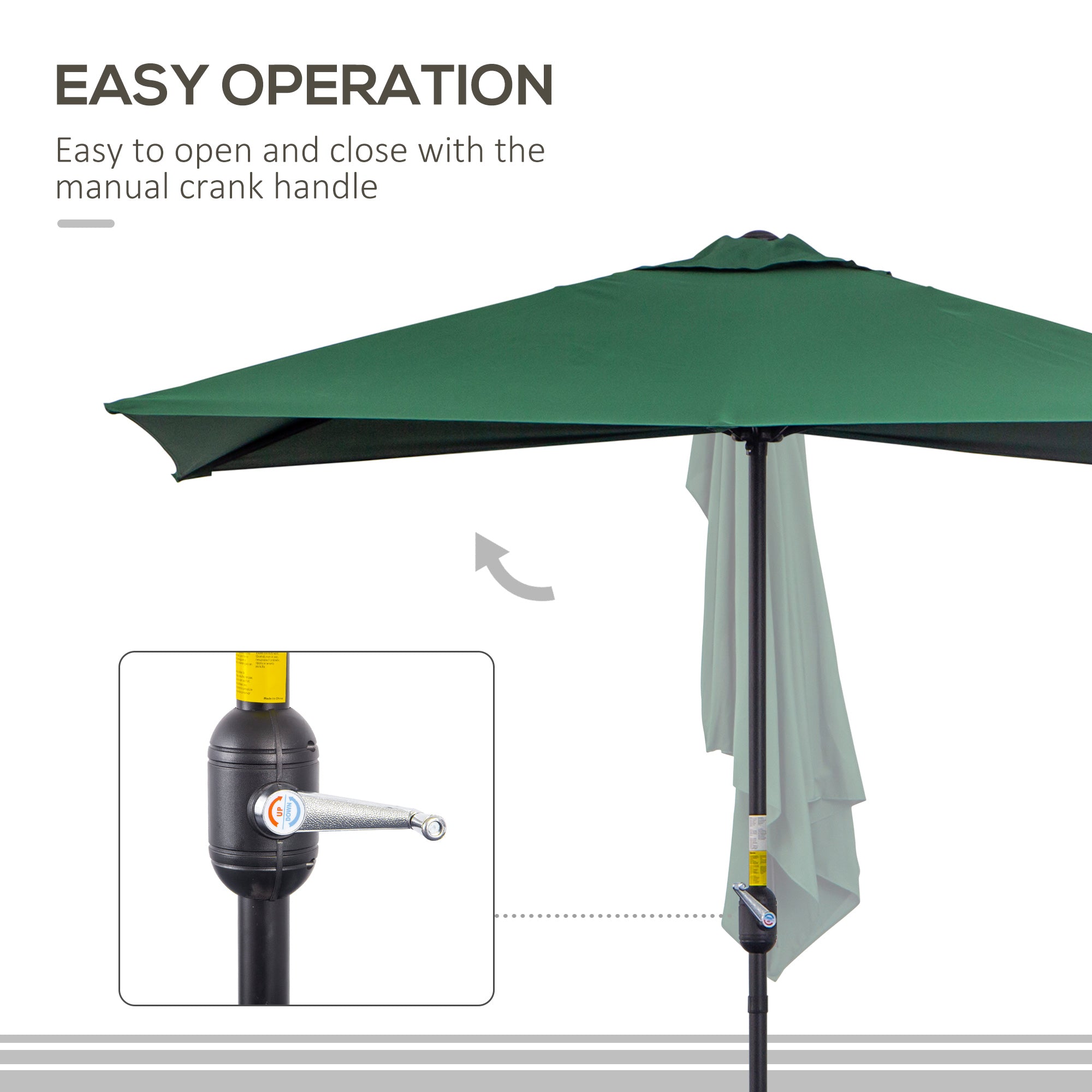 Outsunny Balcony Half Parasol Semi Round Umbrella Patio Crank Handle (2.3 m, Green)- NO BASE INCLUDED - North Peak Garden Furniture