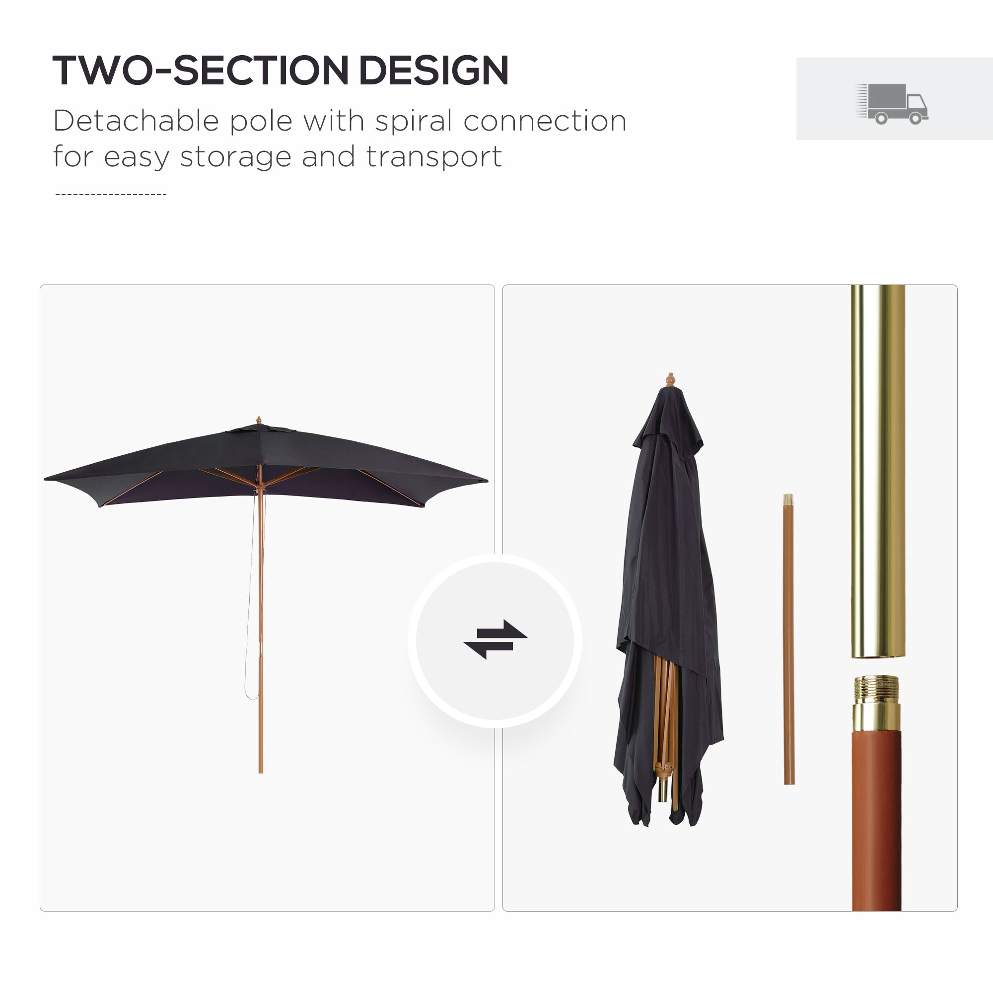 Outsunny 2 x 3m Wooden Garden Parasol Umbrella Outdoor Sun Shade Canopy, Black - North Peak Garden Furniture