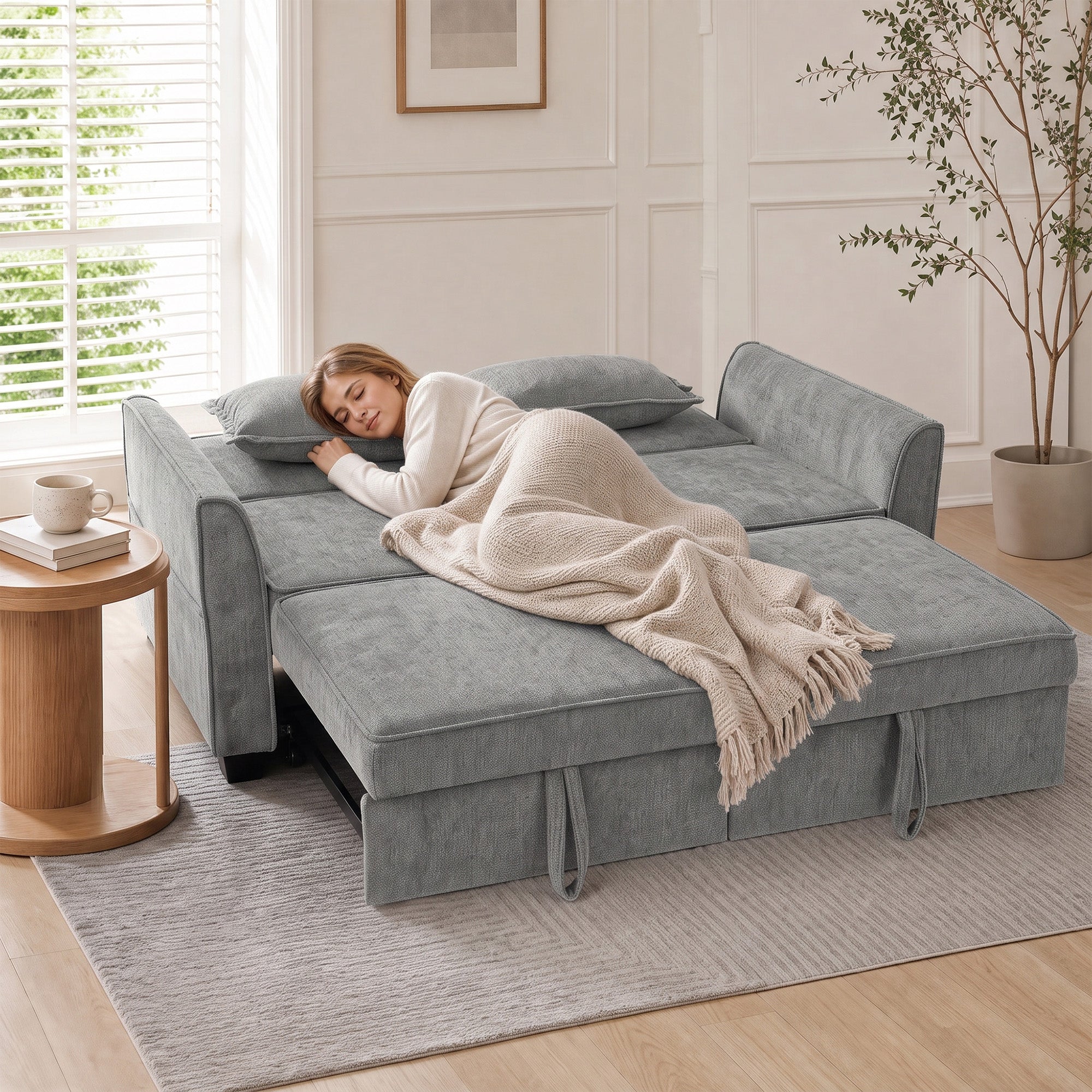 HOMCOM 2 Seater Sofa Bed, 4-in-1 L-Shaped Convertible Pull-Out Sleeper Sofa with Adjustable Backrest and Side Pockets, Grey