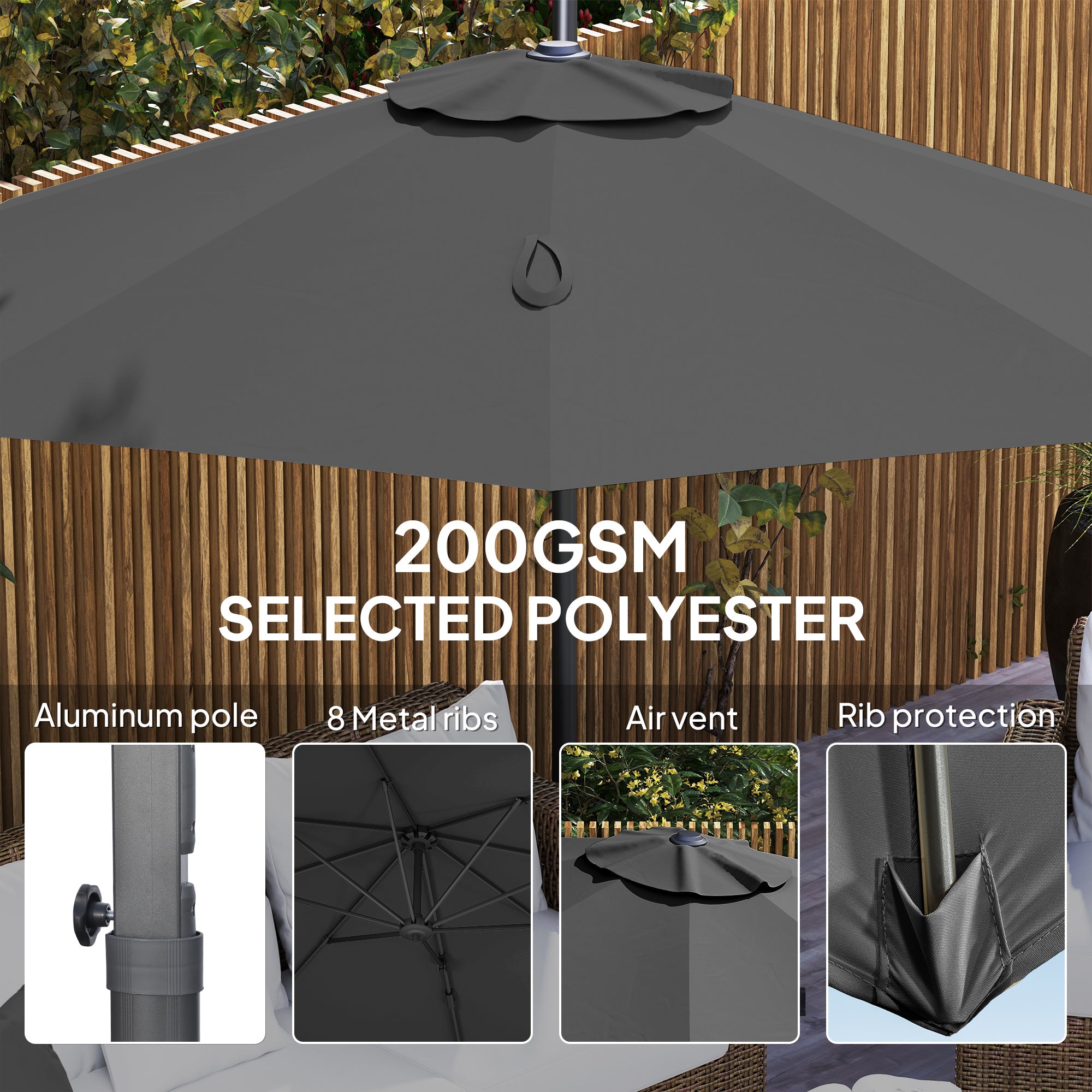 Outsunny 3 x 3(m) Cantilever Parasol with Cross Base, Garden Umbrella with 360° Rotation, Crank Handle and Tilt for Outdoor, Black - North Peak Garden Furniture