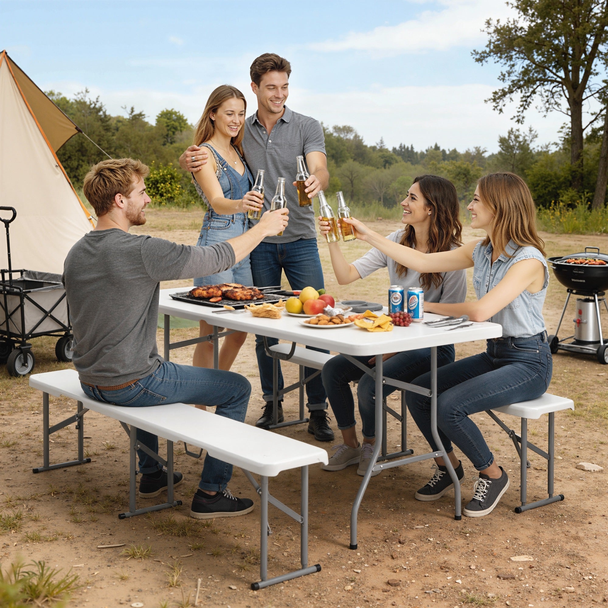 Outsunny 3 Piece 6ft Folding Picnic Table and Bench Set, Portable HDPE Camping Table and Chairs with Carrying Handles for Indoor Outdoor, Dining, Camping, Picnic, BBQ, Party, White