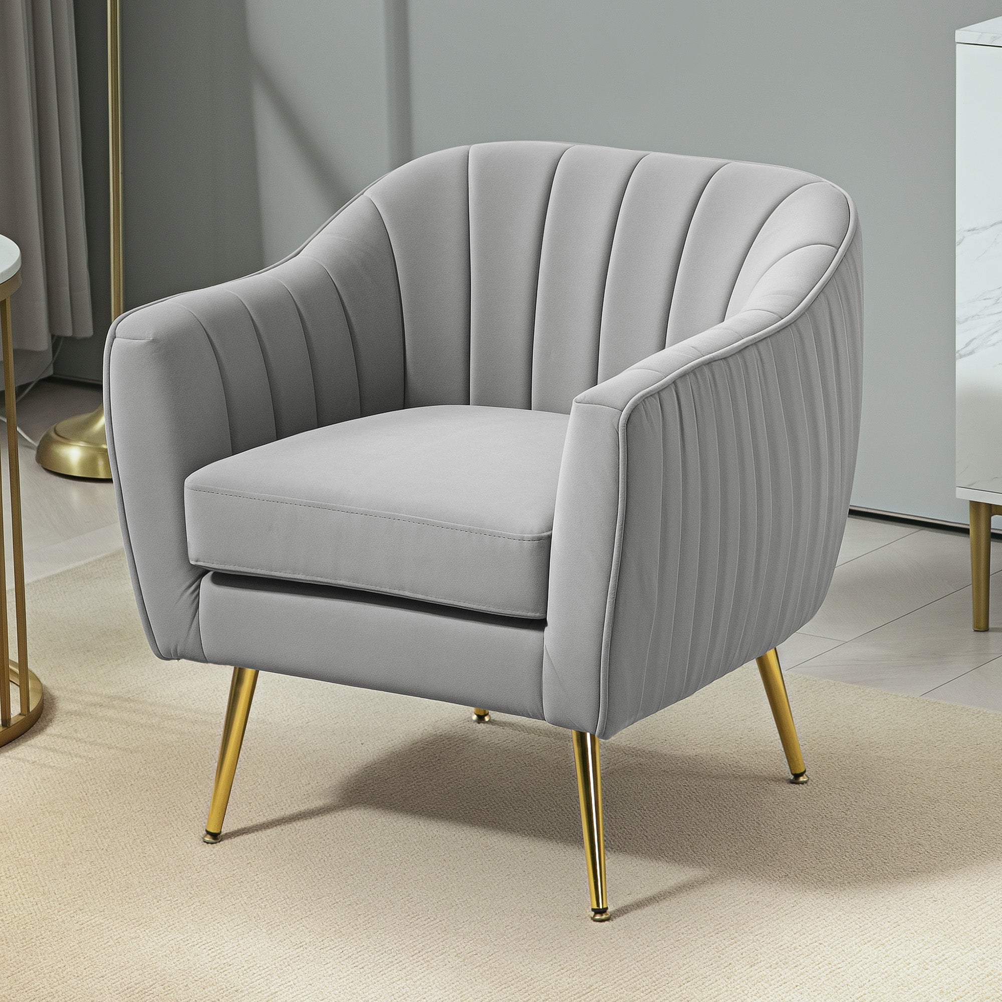 HOMCOM Velvet-Feel Shell Back Accent Chair - Grey - North Peak Garden Furniture