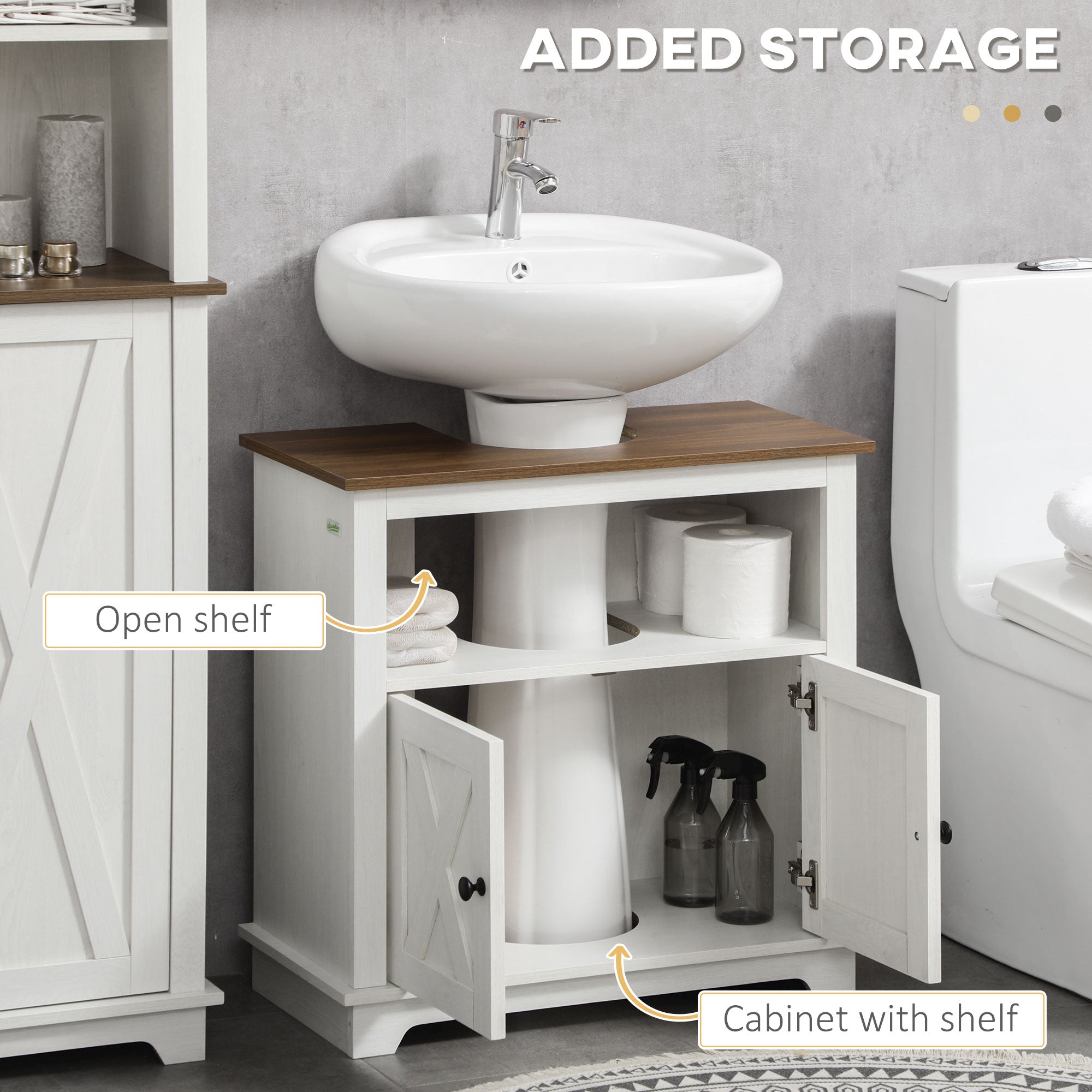 kleankin Under Sink Cabinet Bathroom Vanity Unit with Double Doors and Storage Shelves, 60 x 30 x 60cm, White - North Peak Garden Furniture