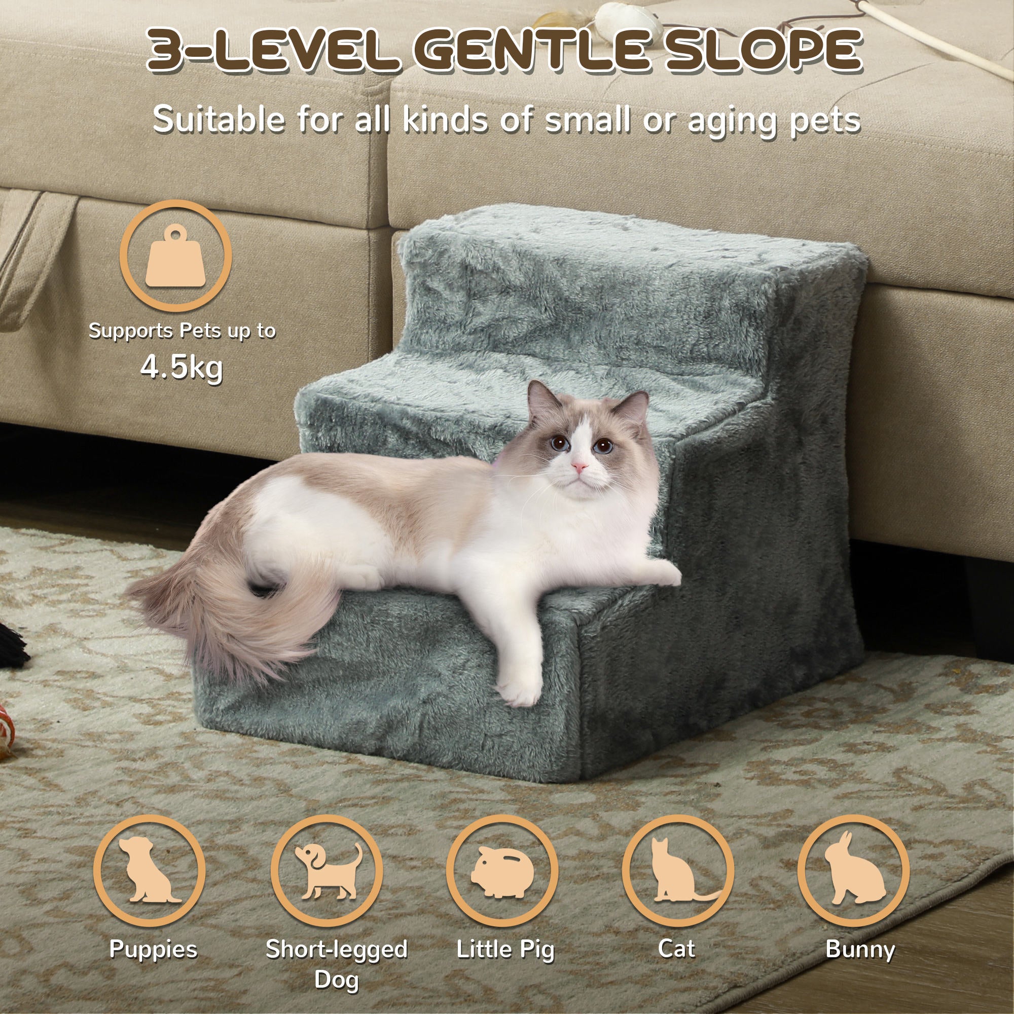 PawHut Three-Step Dog Stairs, with Washable Plush Cover, for High Bed Sofa, Dog Stairs for Small Dog and Cat - Light Grey - North Peak Garden Furniture