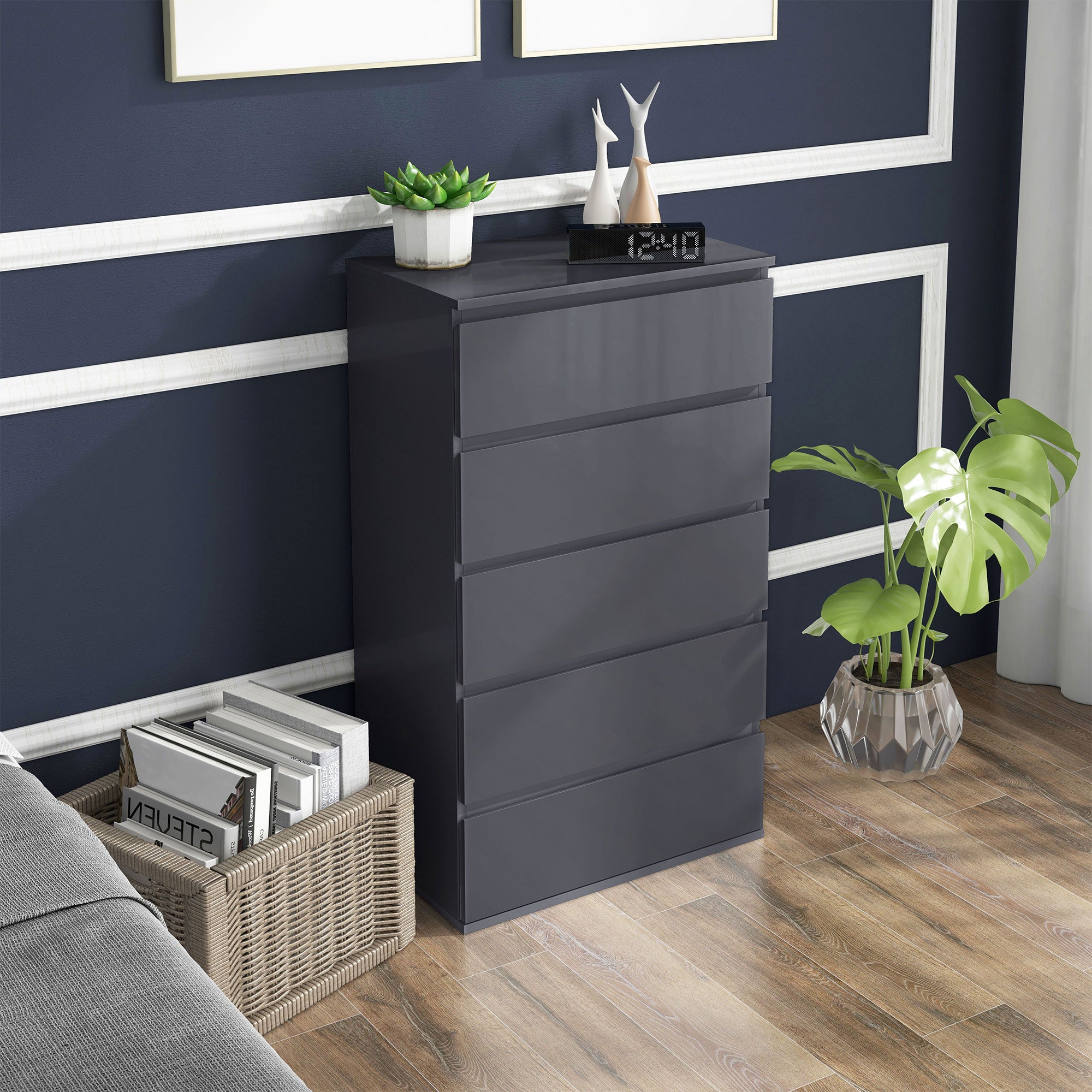 HOMCOM High Gloss Chest of Drawers, 5-Drawer Storage Cabinets, Modern Dresser, Storage Drawer Unit for Bedroom - North Peak Garden Furniture