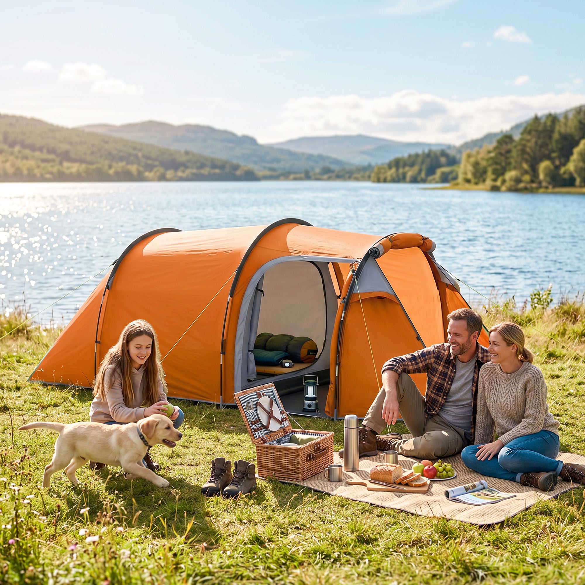 Outsunny 2-3 Man Tunnel Tents w/ Vestibule Camping Tent Porch Air Vents Weather-Resistant Shelter, Orange