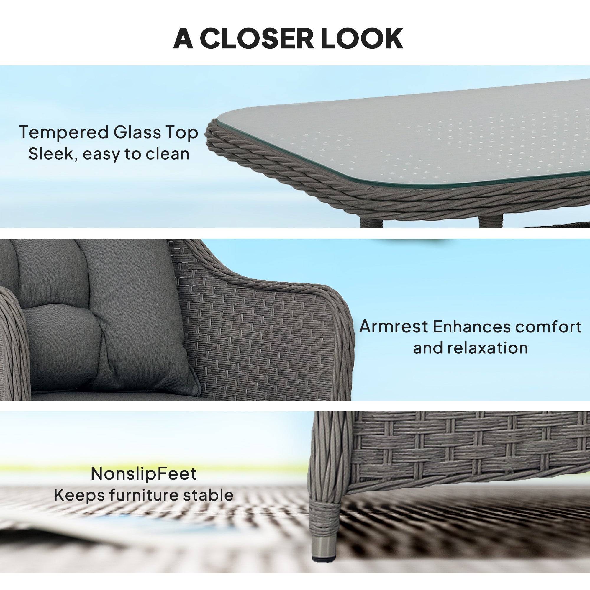 Outsunny Four-Piece Rattan Set, with Glass-Top Table - Light Grey - North Peak Garden Furniture