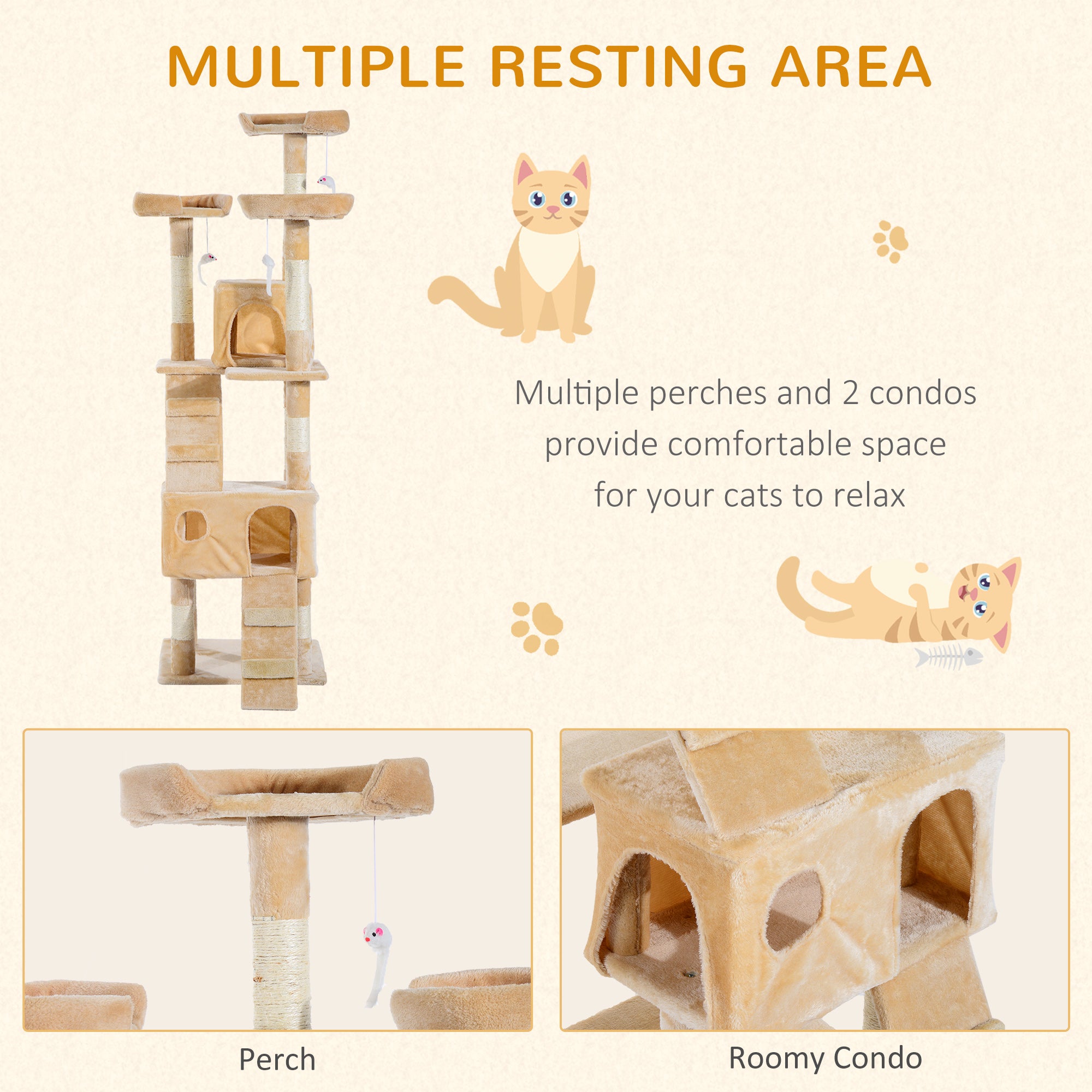 PawHut Deluxe Cat Tree, Kitten Scratching Post, Climbing Tower Activity Centre, Plush, Cream