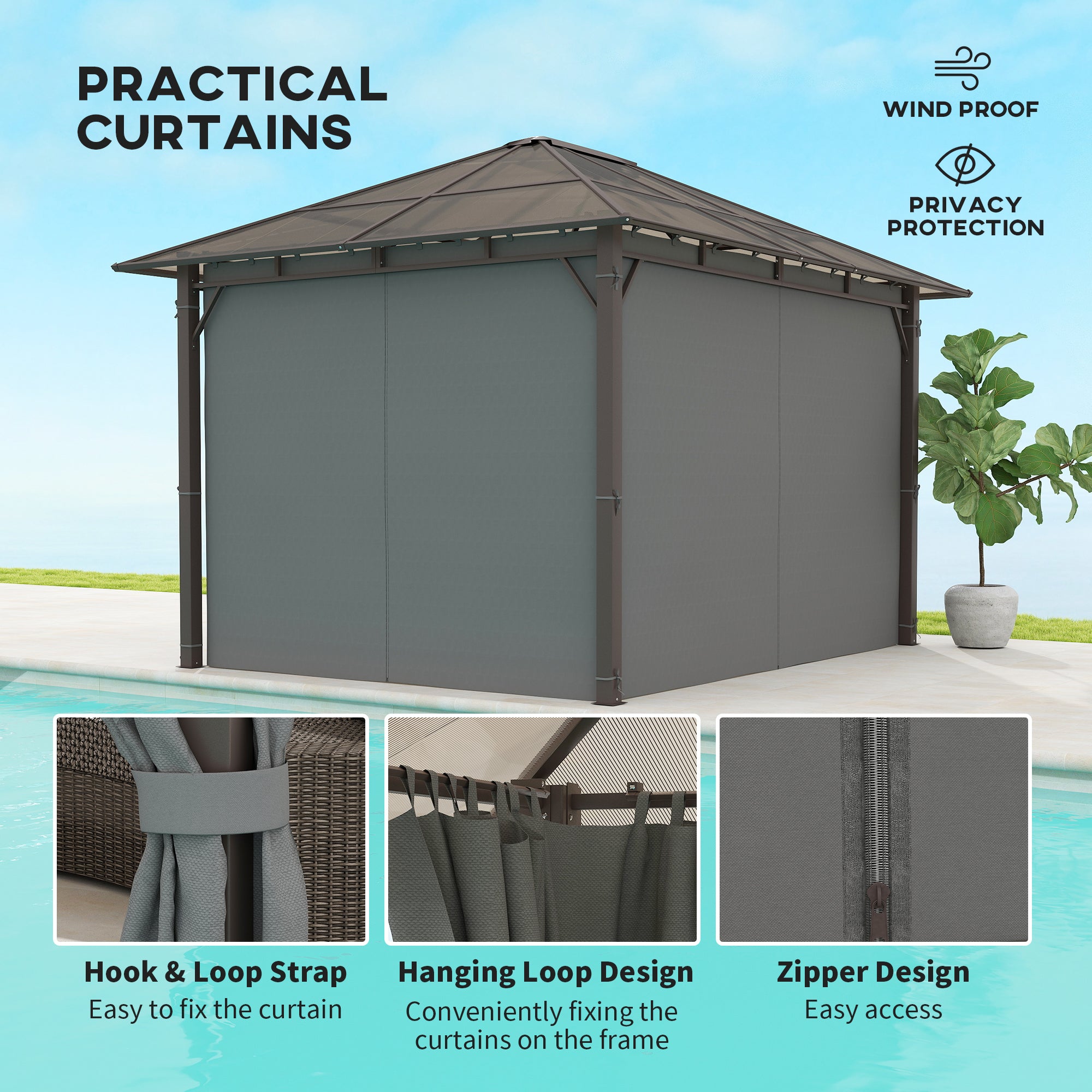 Outsunny 3 x 3.6m Hardtop Gazebo Canopy with Polycarbonate Roof Garden Pavilion with Removable Curtains and Steel Frame, Dark Grey - North Peak Garden Furniture