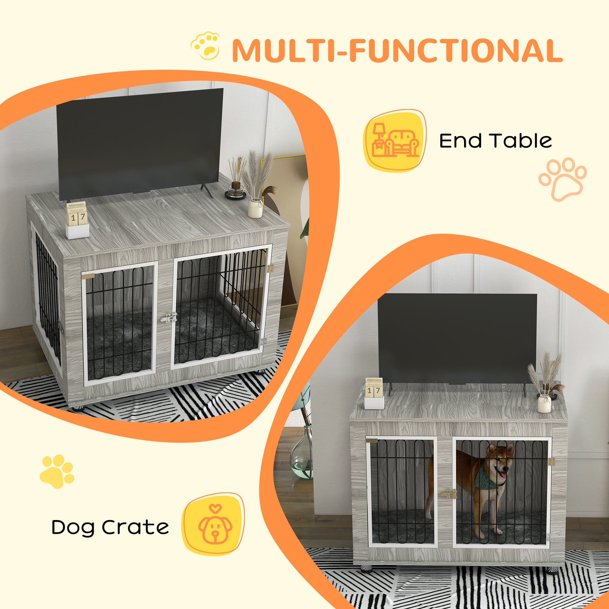 PawHut Indoor Dog Kennel w/ Soft Cushion, Double Door for Large Dogs, 106 x 74 x 81.5cm, Grey - North Peak Garden Furniture