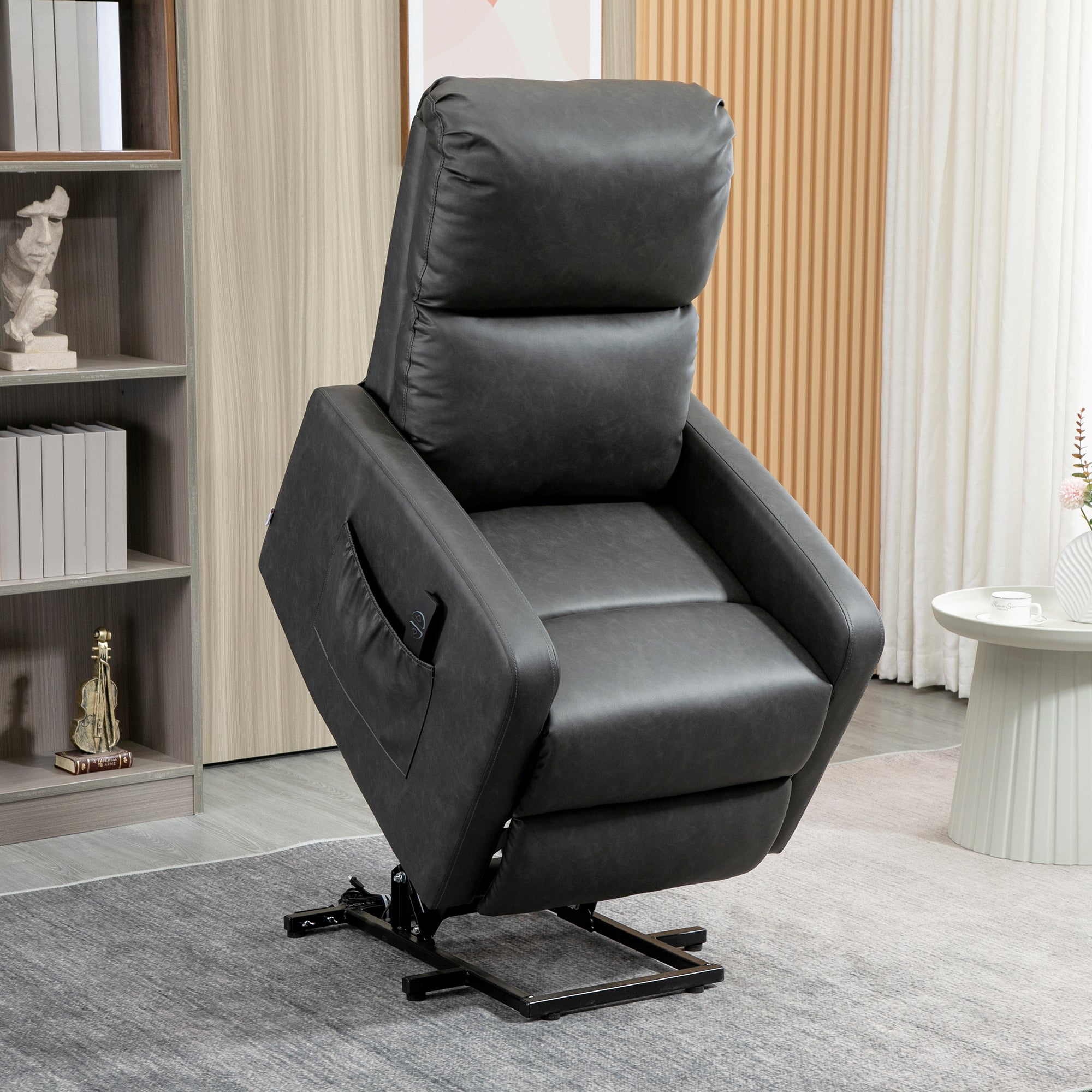 HOMCOM Riser and Recliner Chair for the Elderly, PU Leather Upholstered Lift Chair for Living Room with Remote Control, Side Pockets, Charcoal Grey - North Peak Garden Furniture