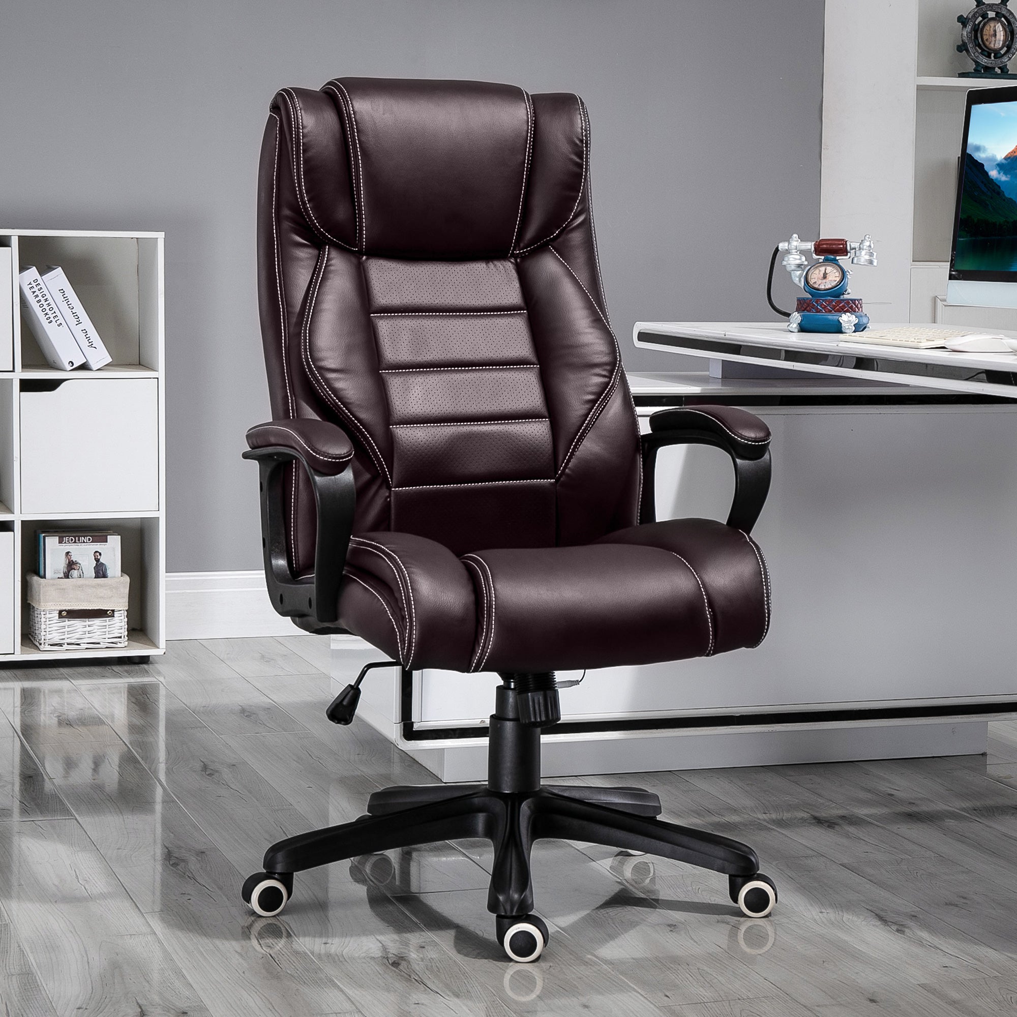 Vinsetto High Back Executive Office Chair 6- Point Vibration Massage Extra Padded Swivel Ergonomic Tilt Desk Seat, Brown - North Peak Garden Furniture